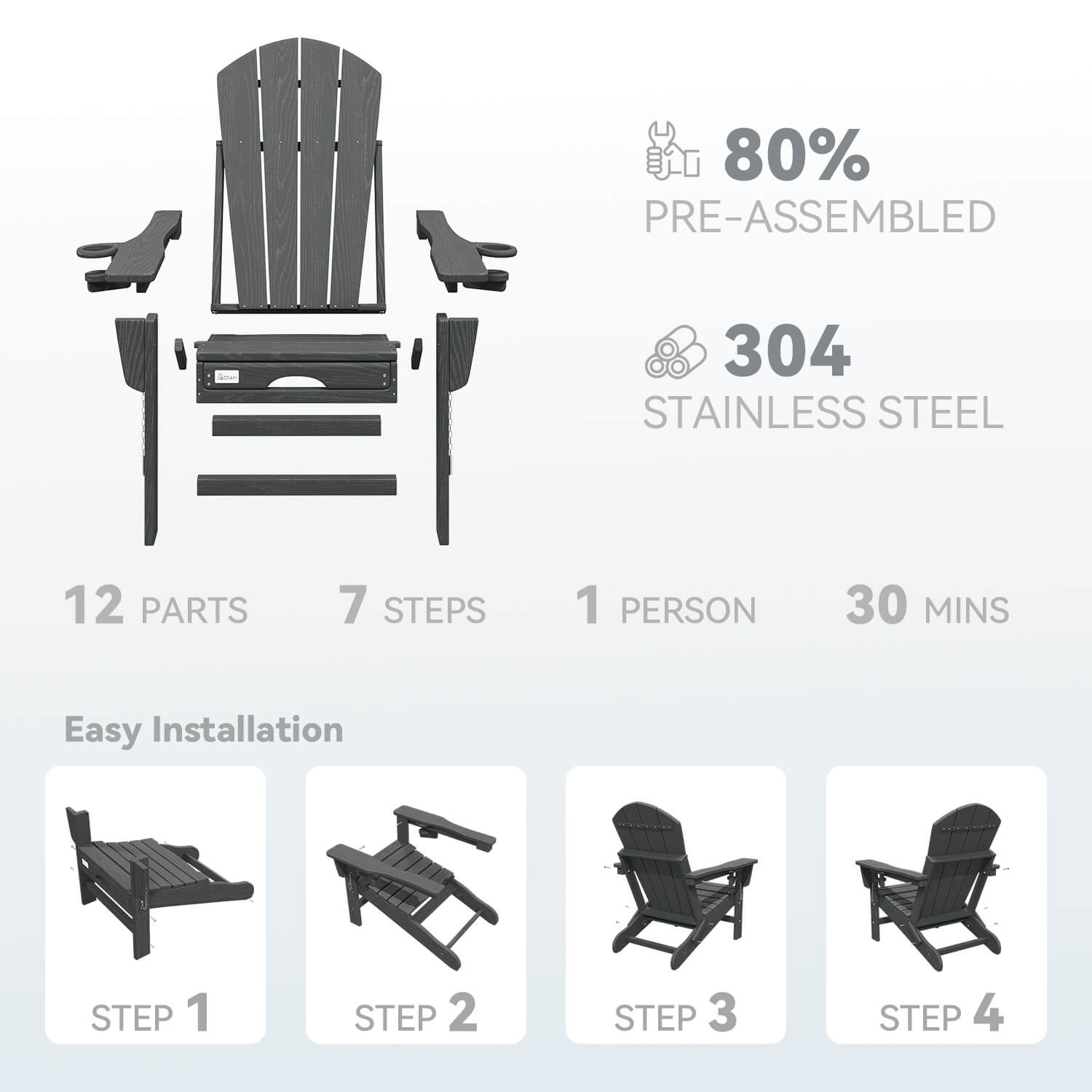 HOMREST 3-Level  Adjustable Adirondack Chair with Retractable Ottoman, Folding HDPE Outdoor Chair with Cup Holders, Gray