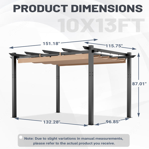 HOMREST Retractable Pergola 10x13 Ft, Outdoor Aluminum Shelter with Dual Adjustable Sun Shade Canopy for Patio Backyard, Locking System Includes Straps & Screws (Khaki)