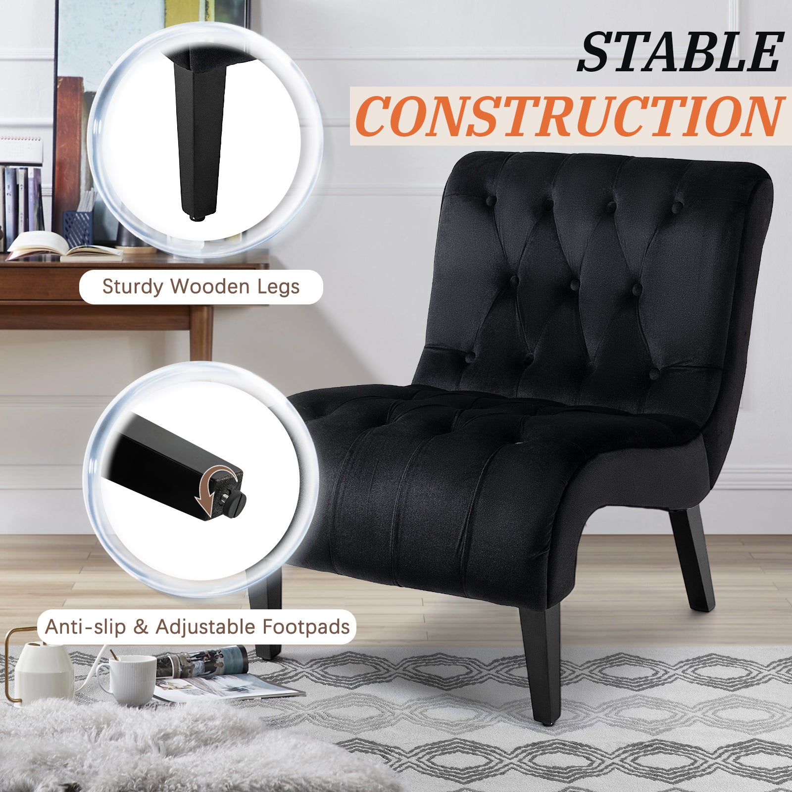 HOMREST Armless Accent Chair, Upholstered Button Tufted Living Room Chairs with Wood Legs, Comfy Frosted Velvet Lounge Chair Reading Chair for Bedroom, Black