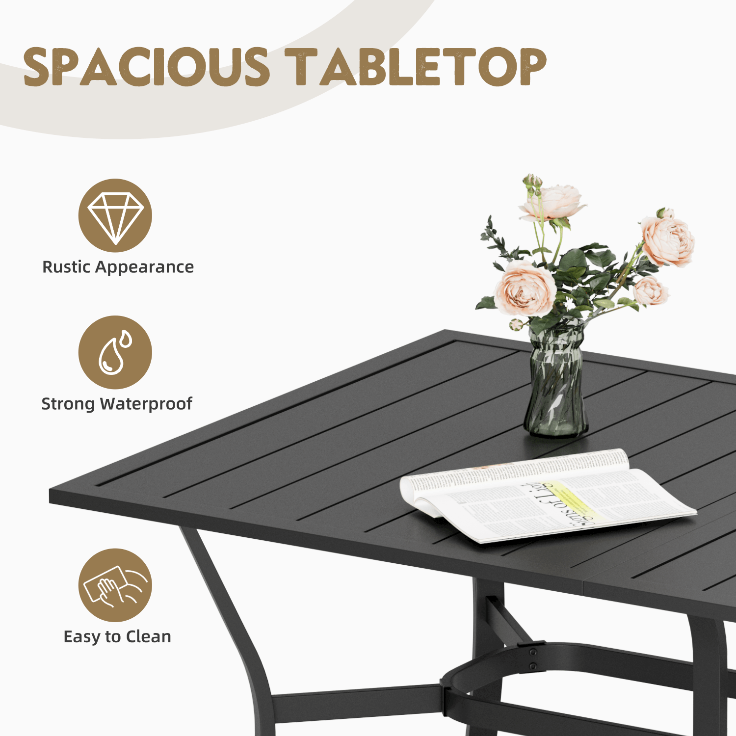 HOMREST 63"x38" Outdoor Dining Table for 6, E-Coated Metal w/ Umbrella Hole