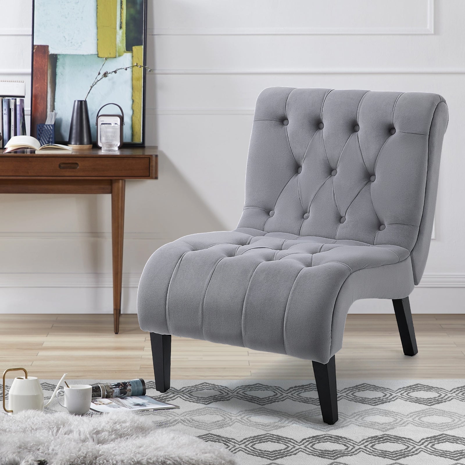 HOMREST Armless Accent Chair, Upholstered Button Tufted Living Room Chairs with Wood Legs, Comfy Frosted Velvet Lounge Chair Reading Chair for Bedroom, Grey