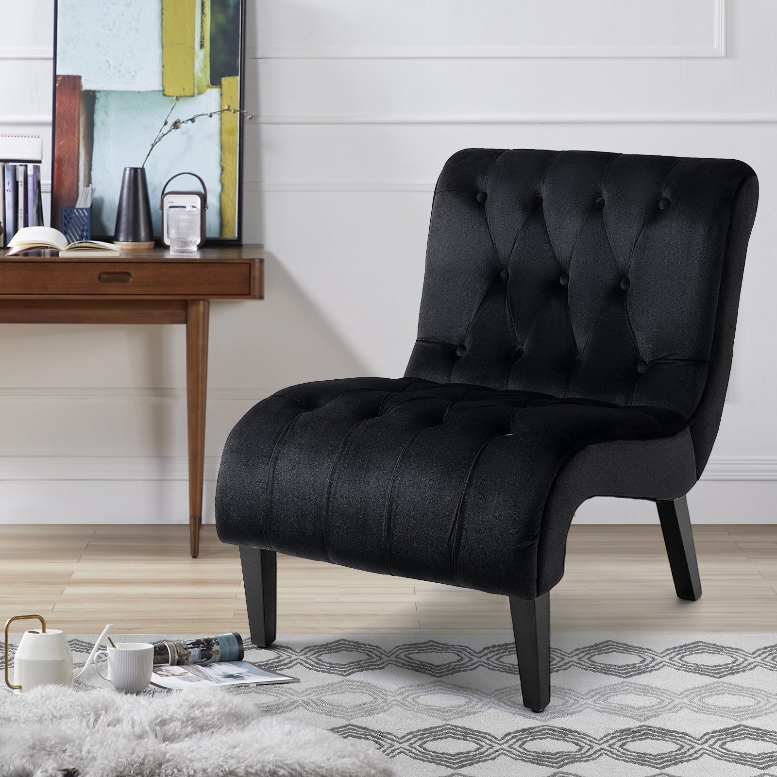 HOMREST Armless Accent Chair, Upholstered Button Tufted Living Room Chairs with Wood Legs, Comfy Frosted Velvet Lounge Chair Reading Chair for Bedroom, Black