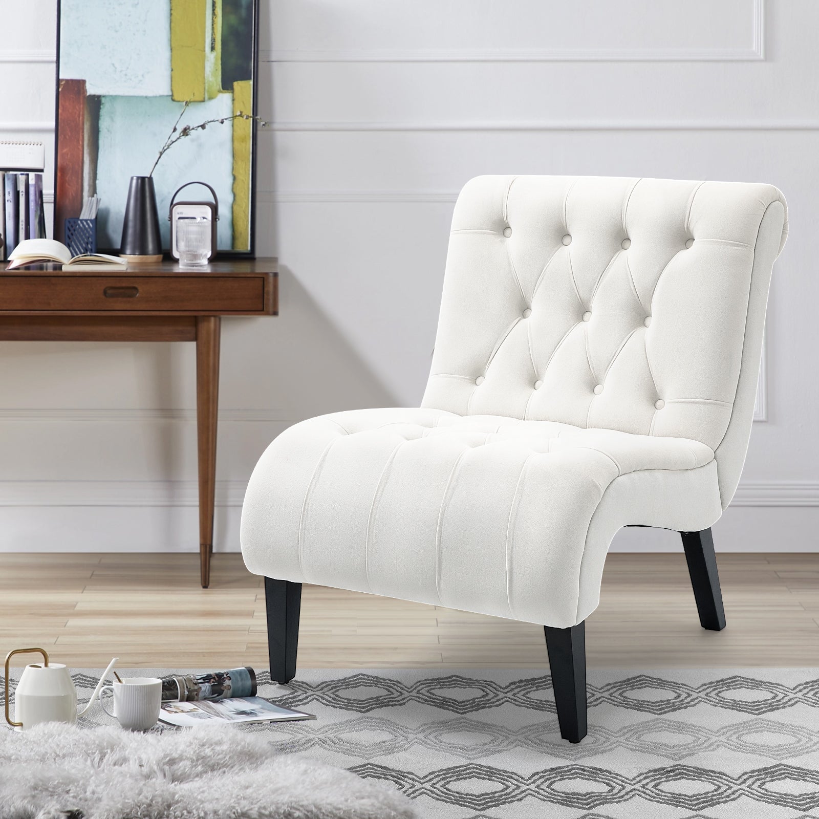 HOMREST Armless Accent Chair, Upholstered Button Tufted Living Room Chairs with Wood Legs, Comfy Frosted Velvet Lounge Chair Reading Chair for Bedroom, Cream White