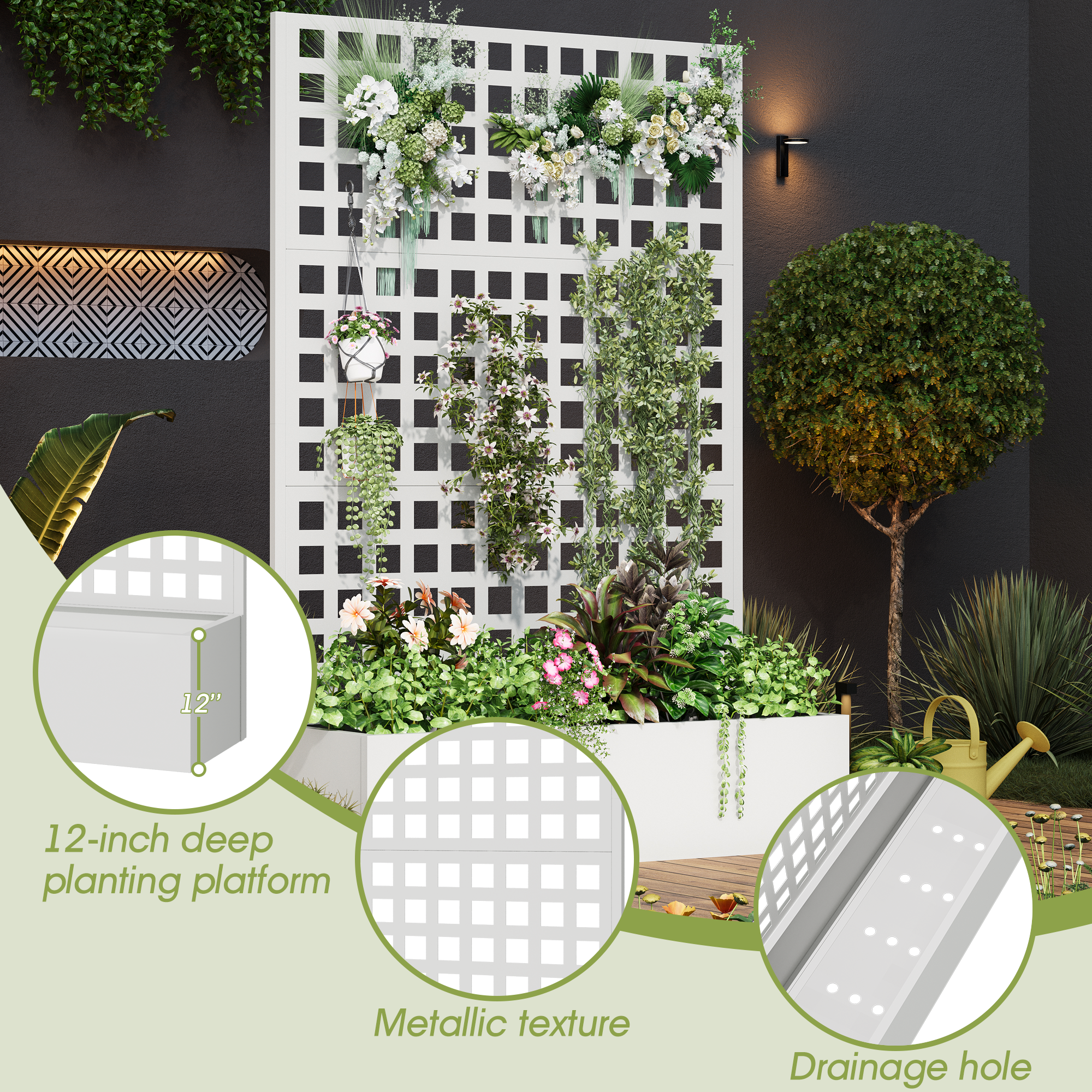 HOMREST Metal Planter Box with Trellis, 71"x 47"x 16" Raised Garden Bed with Trellis, Planter Box Trellis with Privacy Screen and Drainage Holes, White