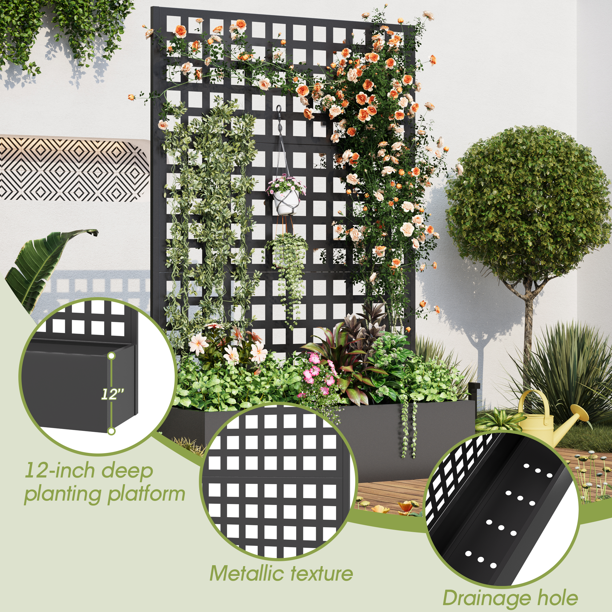 HOMREST Metal Planter Box with Trellis, 71"x 47"x 16" Raised Garden Bed, Planter Box Trellis with Privacy Screen and Drainage Holes, Black