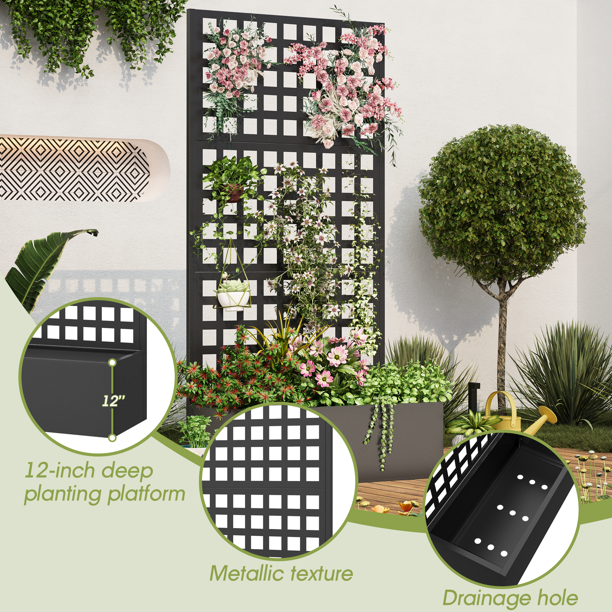 HOMREST Metal Planter Box with Trellis, 71"x 35"x 16" Raised Garden Bed with Trellis, Planter Box Trellis with Privacy Screen and Drainage Holes, Black