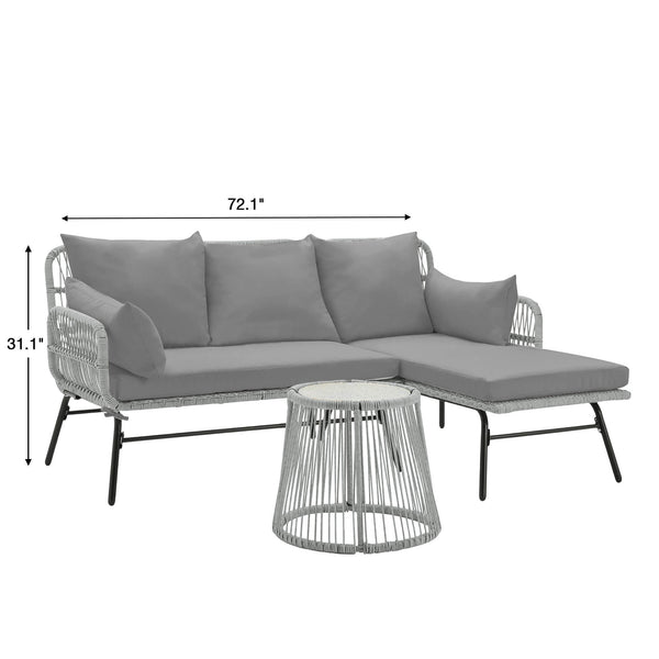 HOMREST L-Shaped Sectional Sofa Set with Cushions & Glass Coffee Table for Patio, Gray