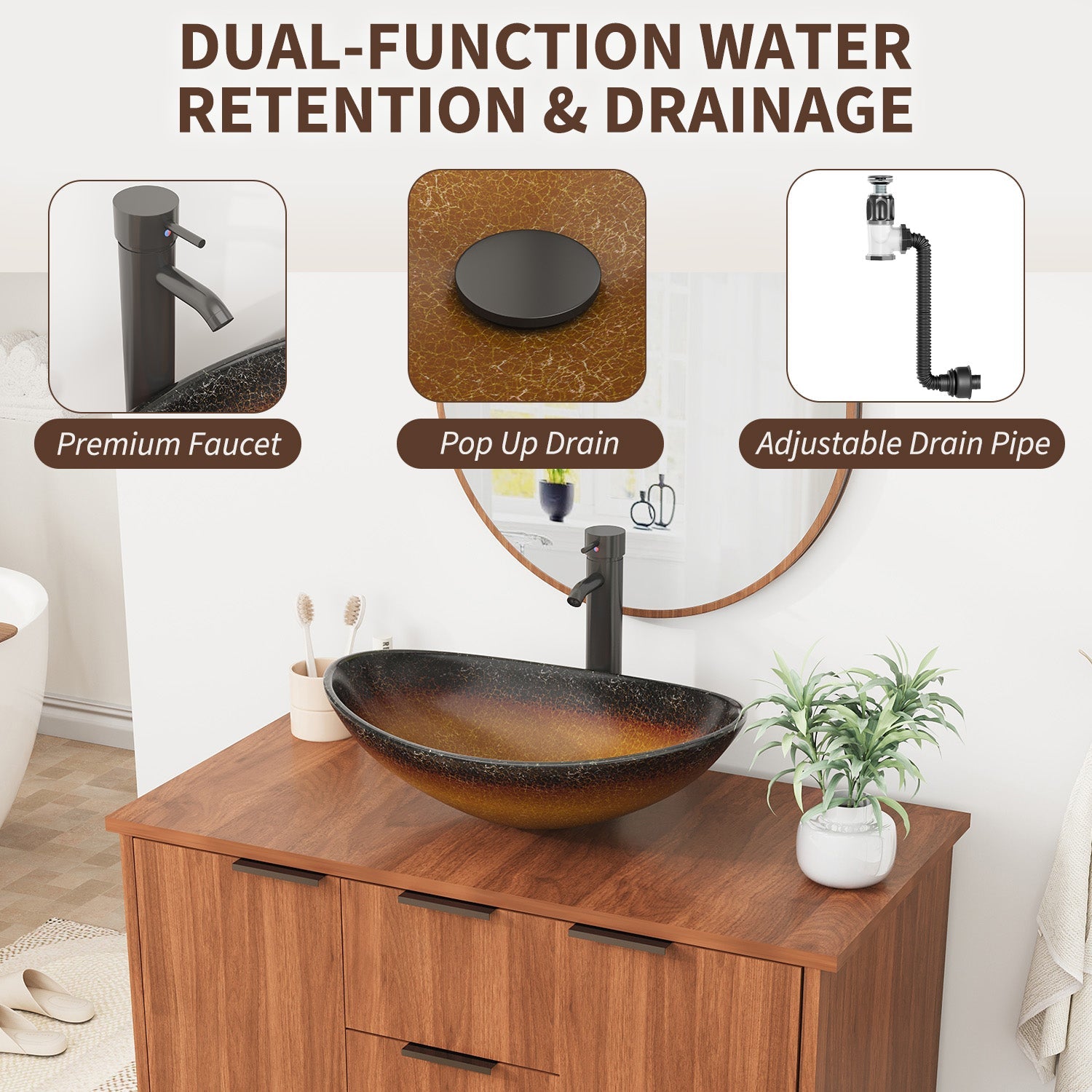 HOMREST 36 Inch Bathroom Vanity with Sink Combo, Bathroom Vanity with 3 Soft-Close Drawers, 2 Doors & Boat Glass Sink, Rustic Bathroom Cabinet Includes Adjustable Shelf, Water Tap & Sink Accessories