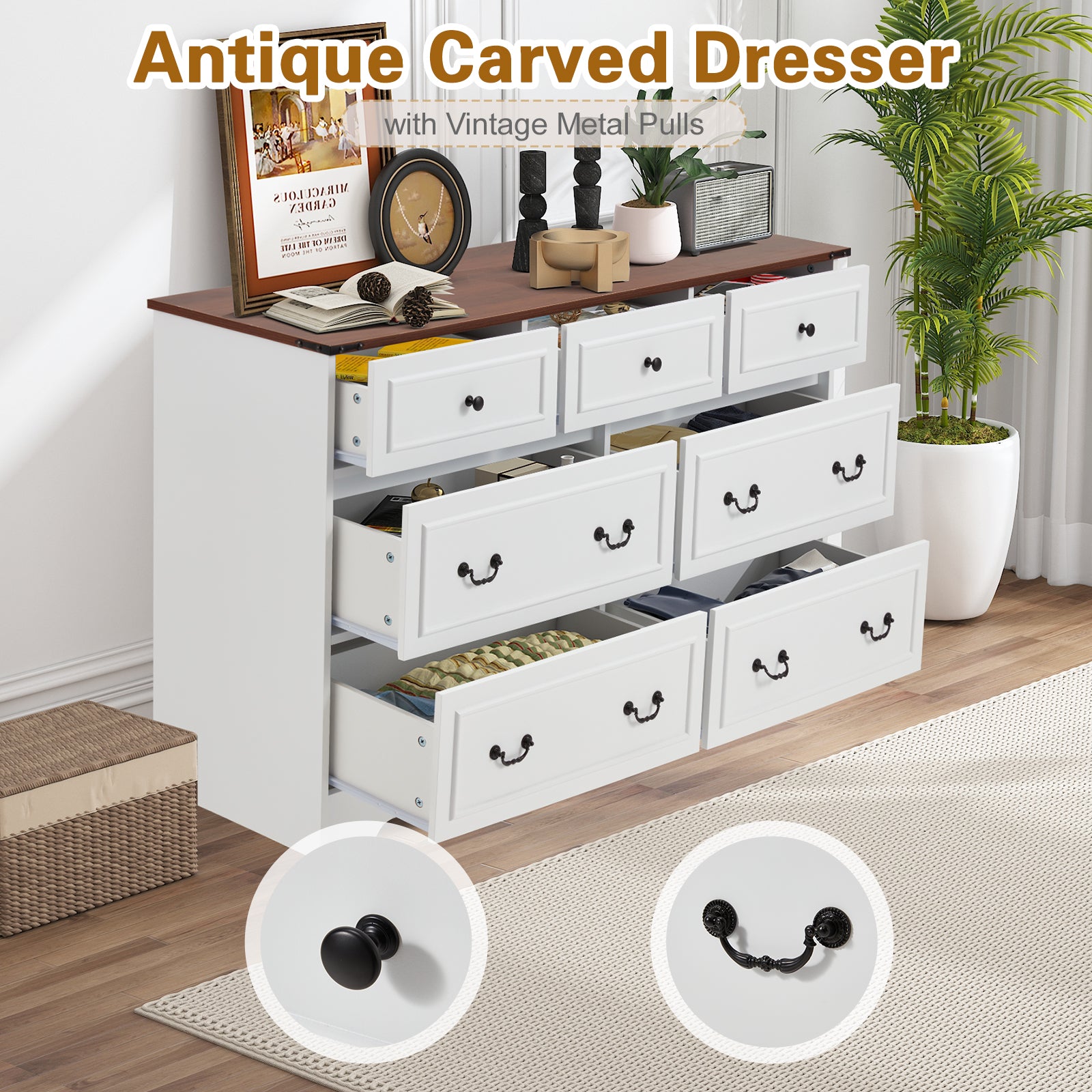 HOMREST Farmhouse 7 Drawers Dresser for Bedroom, 54" Wide Kids Chest of Drawers for Living Room, Antique White