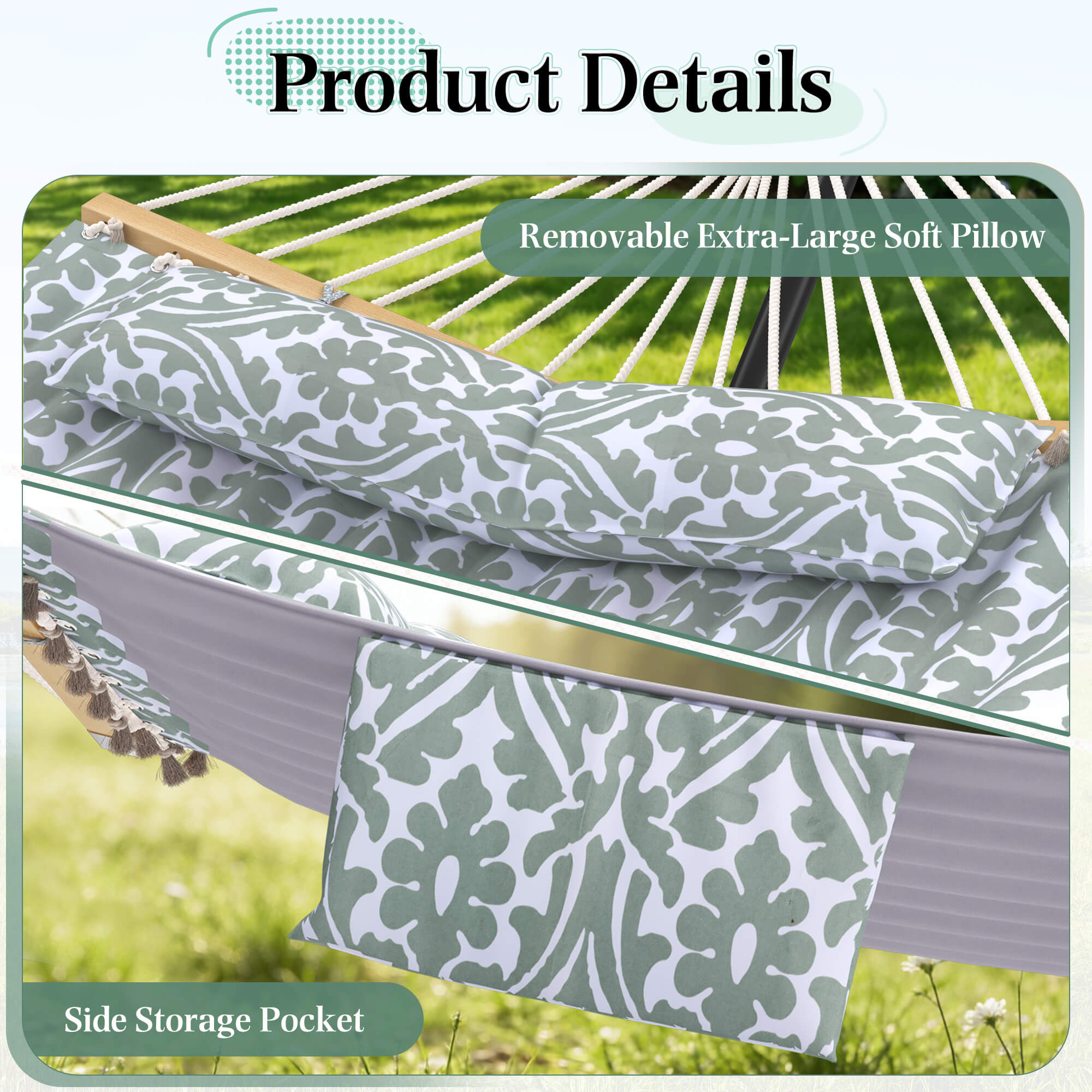 HOMREST Modern Rope Hammock with Stand, Portable Outdoor Hammock for Backyard, Beach & Camping, Gray Floral