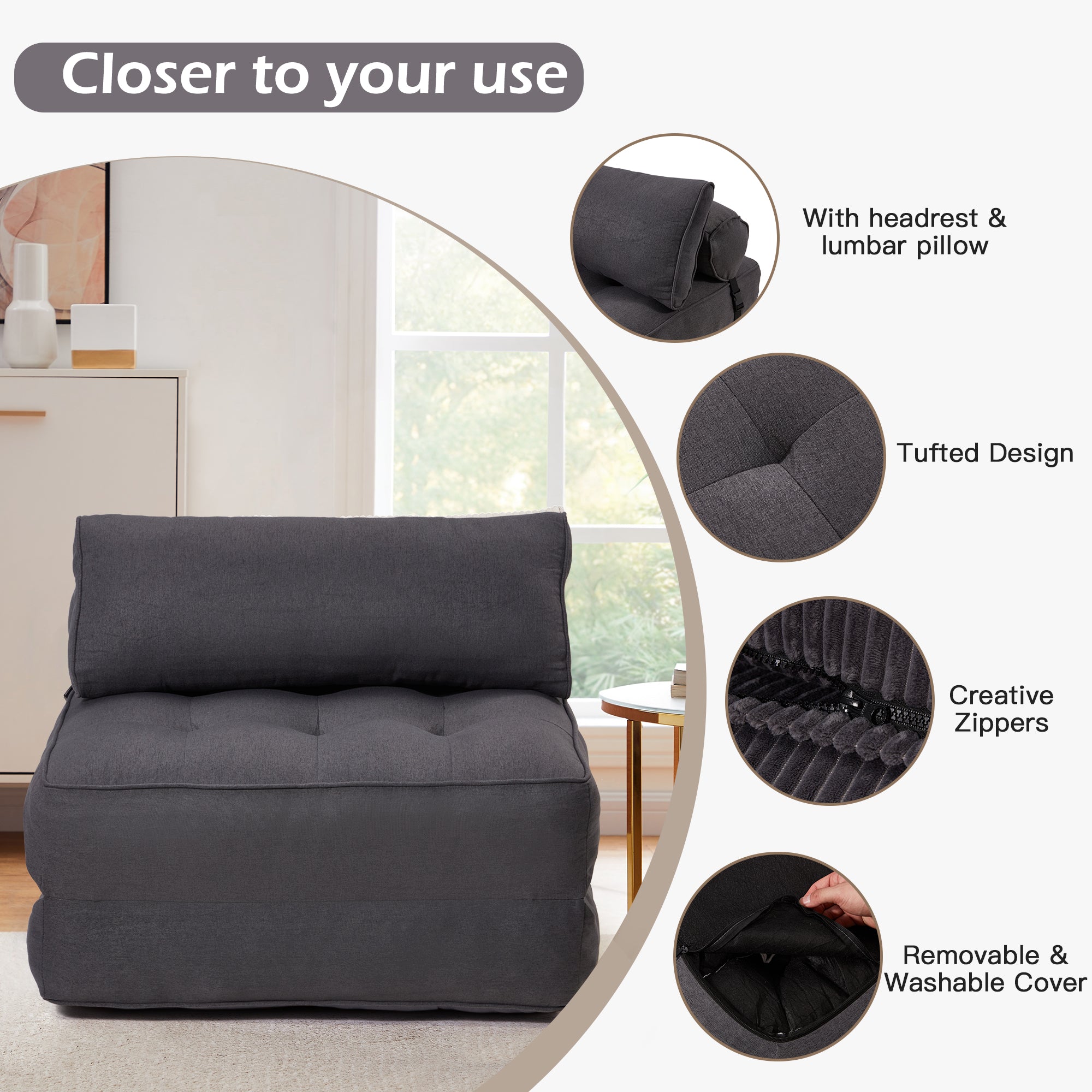 HOMREST Folding Out Chair Bed, Convertible Sofa Bed with 2 Pillows, Dark Gray
