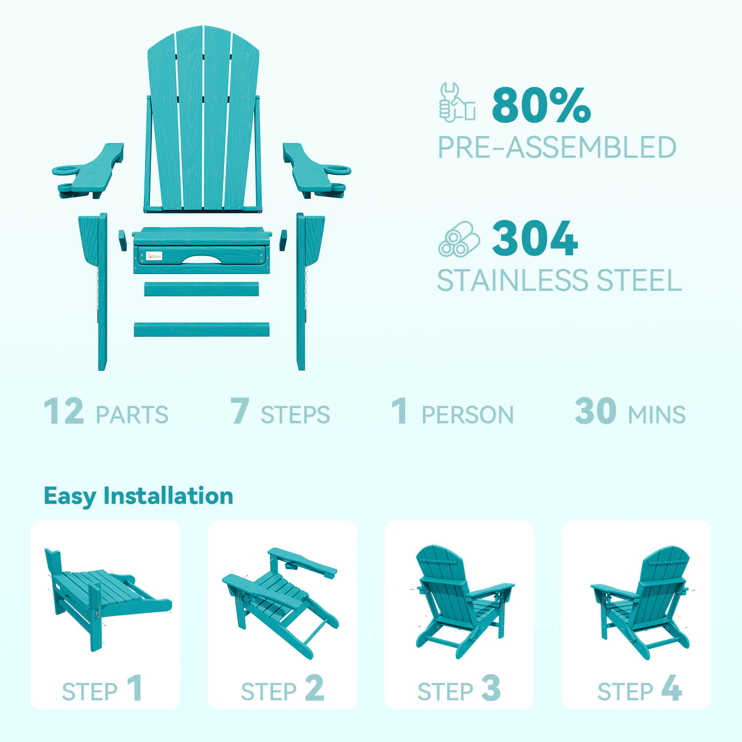 HOMREST 3-Level  Adjustable Adirondack Chair with Retractable Ottoman, Folding HDPE Outdoor Chair with Cup Holders, Aruba Blue