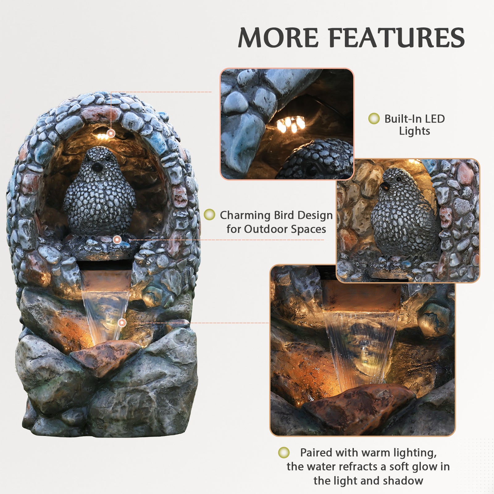 HOMREST Outdoor Water Fountain - Rock-Hollow Bird Outdoor Waterfall Fountain with LED Lights Effect for Patio Deck Yard Home,Gray