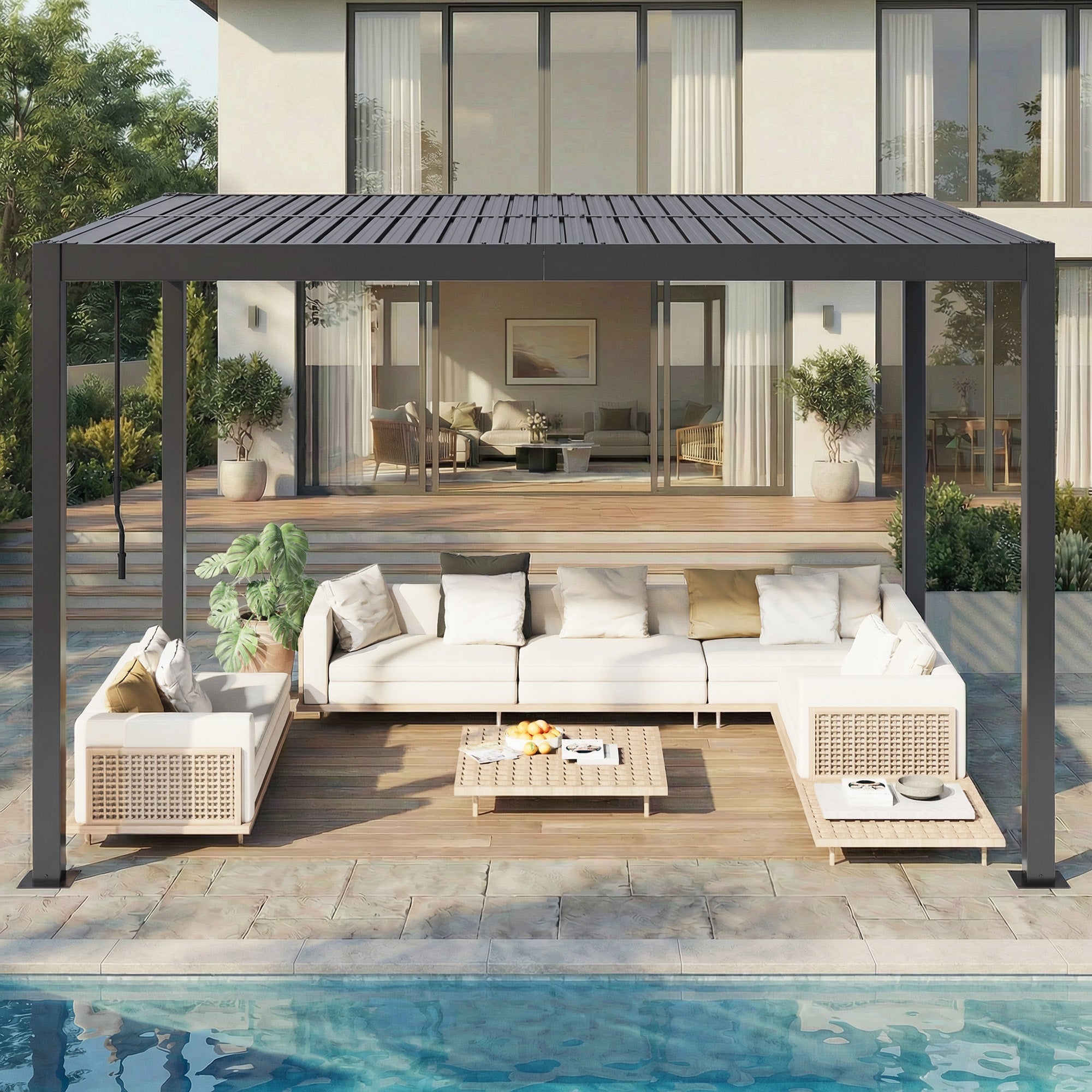HOMREST 10' x 12' Outdoor Pergola with Adjustable Louvered Roof & Integrated Drainage, Heavy-Duty Metal Louvered Pergola for Patios, Black