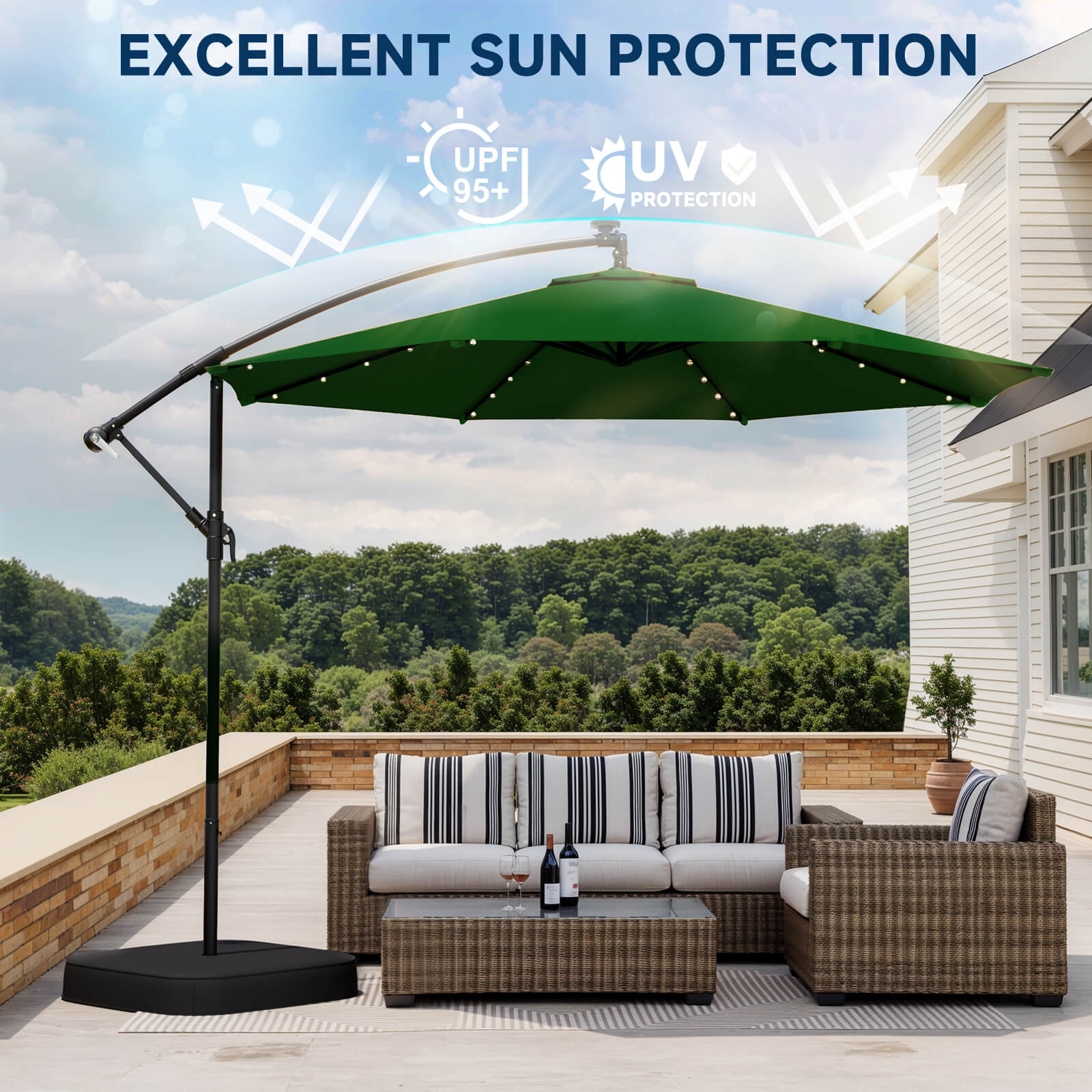 Homrest 10ft Solar Lighted Patio Umbrella with Base, Outdoor Cantilever Umbrella, Infinite Tilt, Green