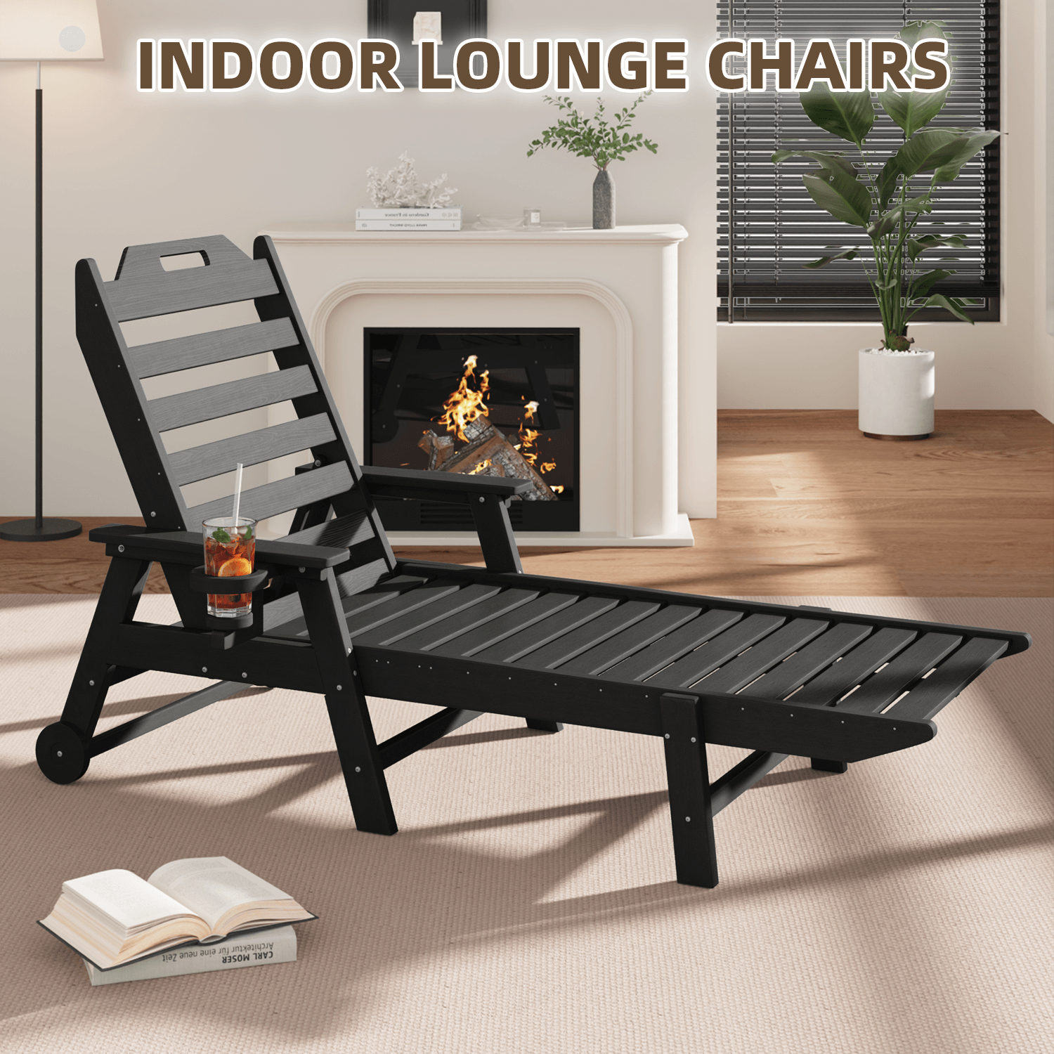 HOMREST 22" W Oversized Chaise Lounge Chairs, Adjustable HDPE Outdoor Chairs with Wheels & Cup Holder, Black