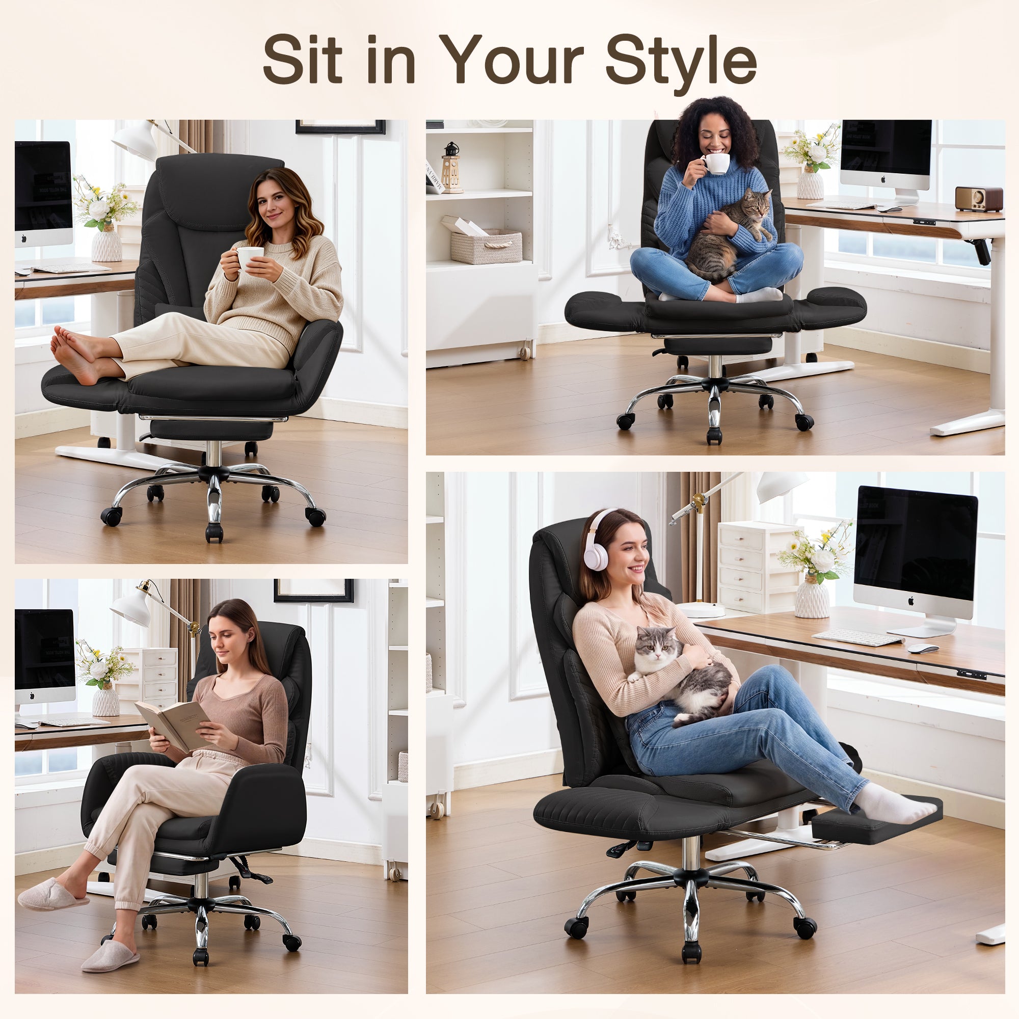 HOMREST Modern Cross Legged Office Chair with Footrest,Leather Ergonomic Executive Chair with Lumbar Pillow, Black