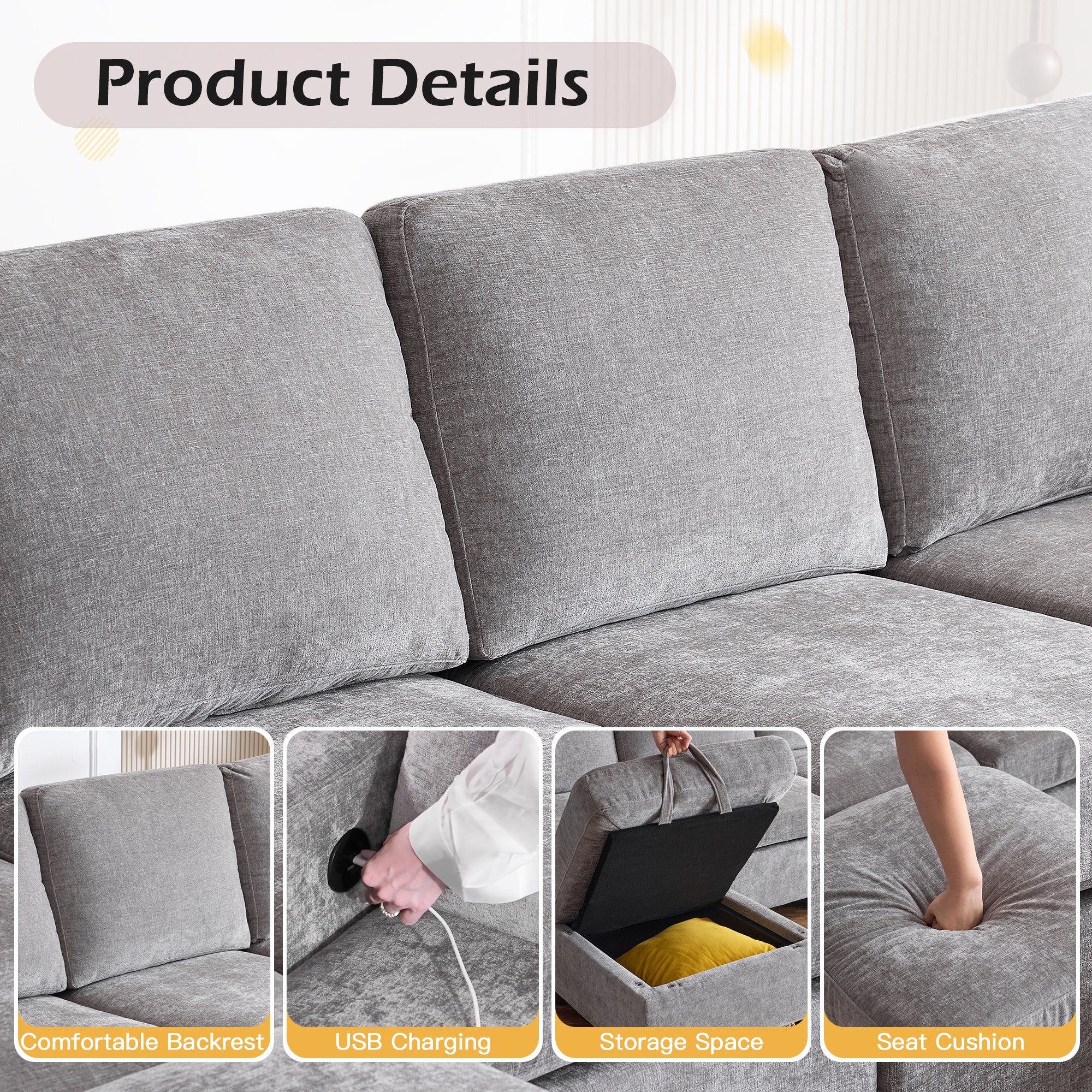 Homrest 6  Piece Modular Sectional Couch with Storage for Living Room, Light Grey
