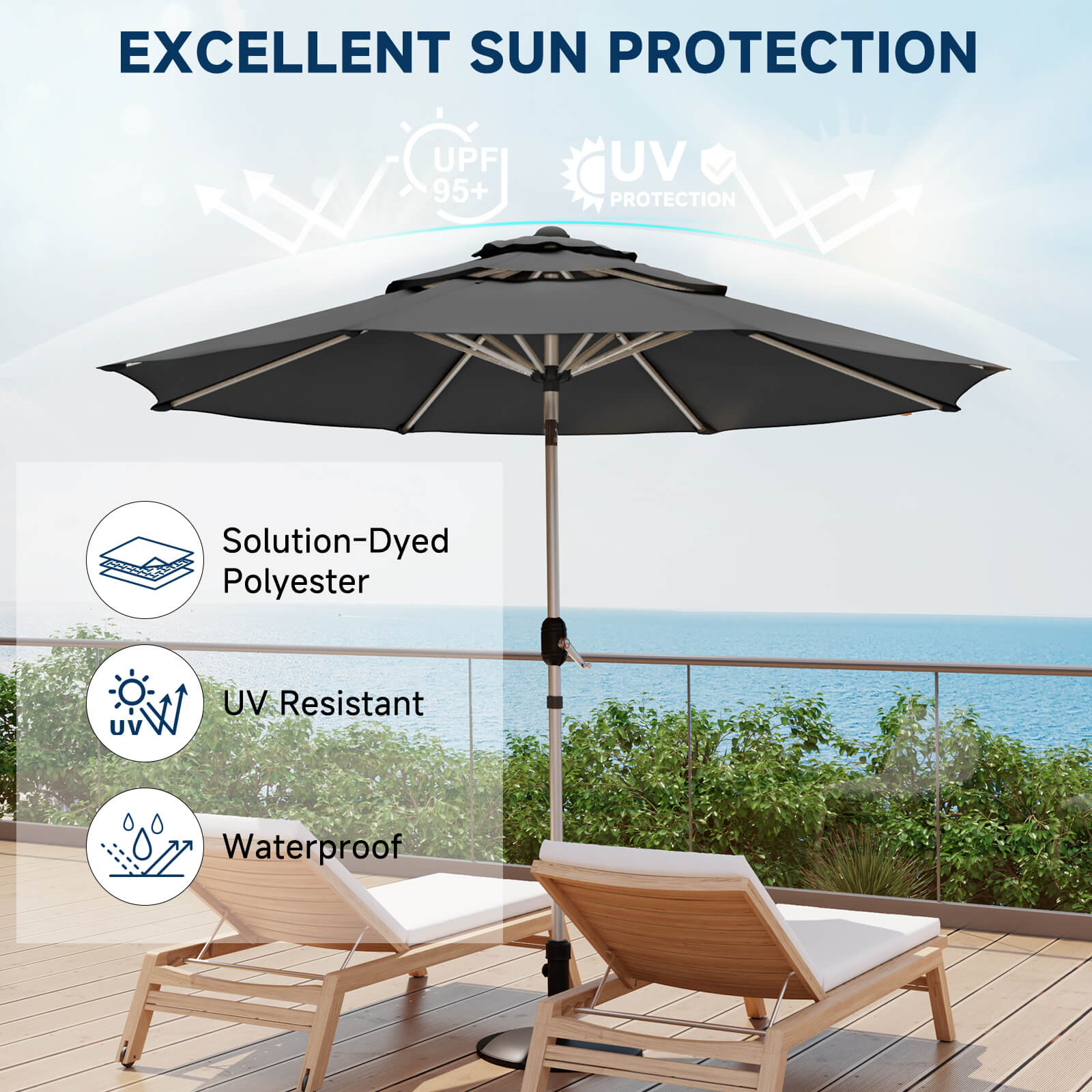 Homrest 9FT 3-Tier Aluminum Patio Umbrella, Fade-Resistant with Push Tilt, 8 Sturdy Aluminum Ribs,Grey