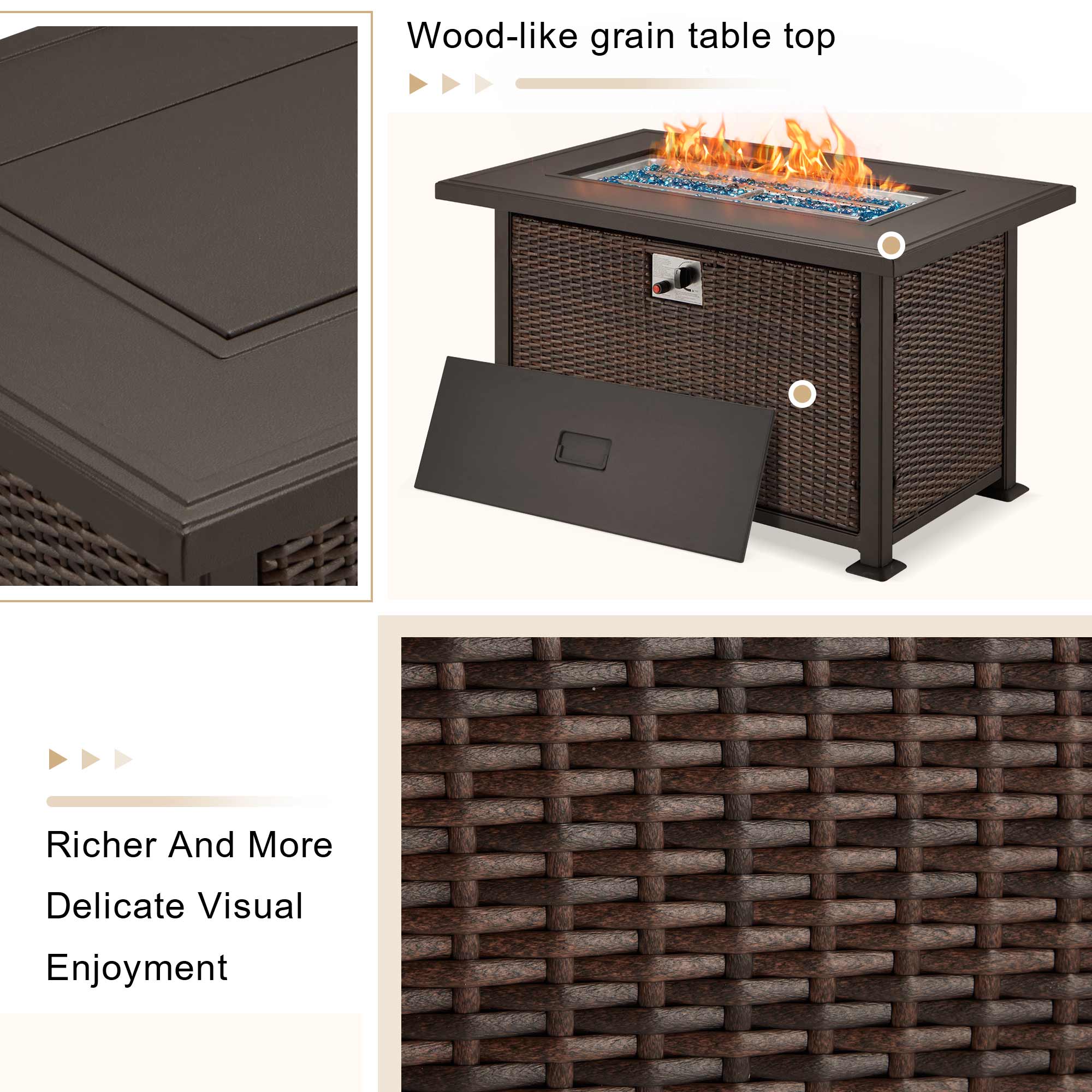 Wood-like grain table top. Richer and more delicate visual enjoyment. | Homrest fire pit table