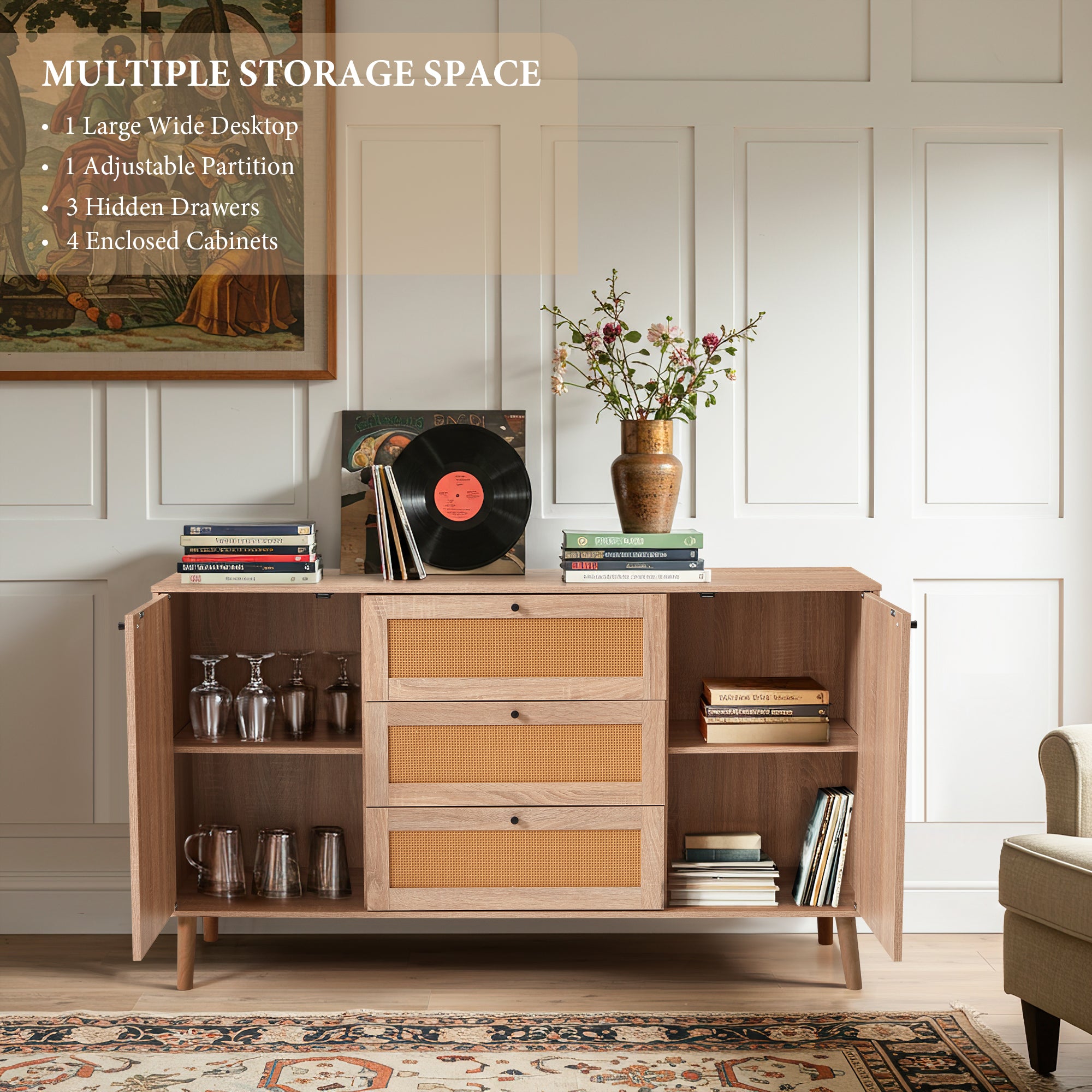HOMREST Solid Wood Sideboard Buffet Cabinet, Mid-Century Credenza for Living Room, Entryway, Light wood