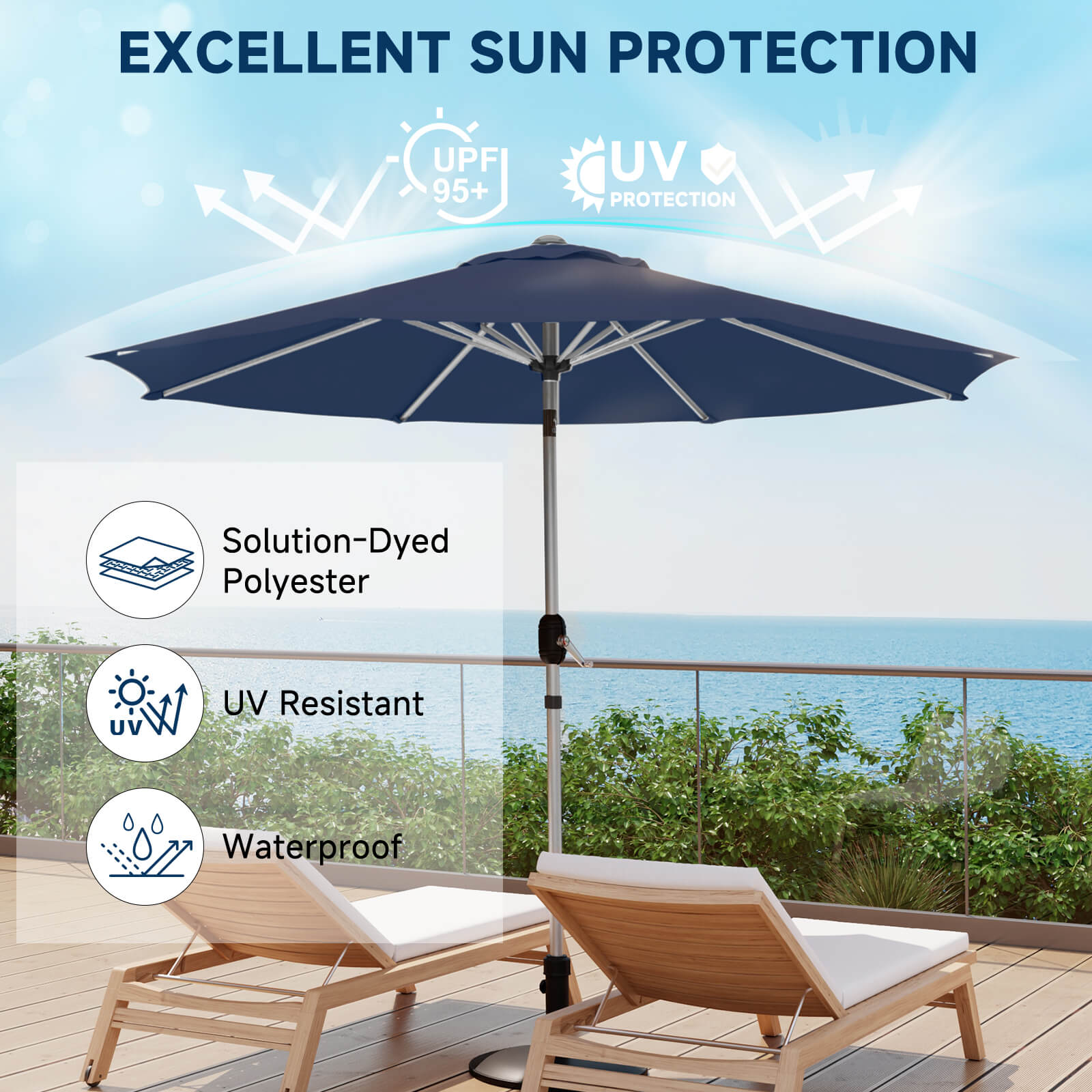HOMREST 10FT Aluminum Outdoor Patio Umbrella with Push Button Tilt Function, Navy Blue