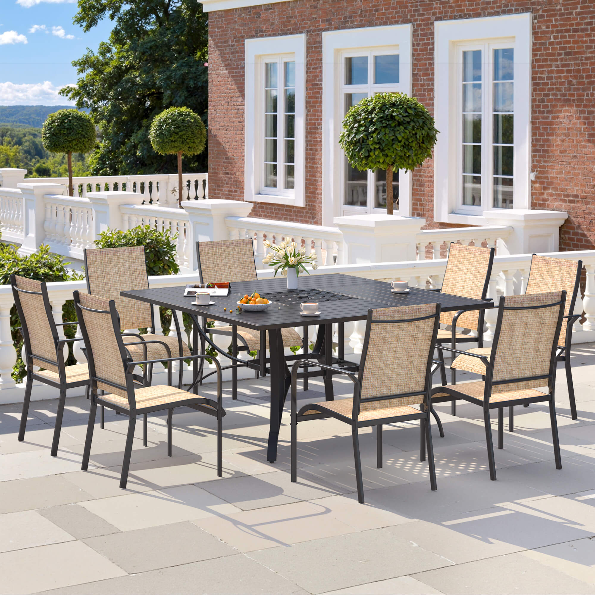 HOMREST 9 Piece Patio Dining Set, Outdoor Dining Table And Chairs Set For 8, 8 PVC-coated polyester Chairs, 1 Iron Square Table With Adjustable Umbrella Hole (1.57"-1.97"), Brown