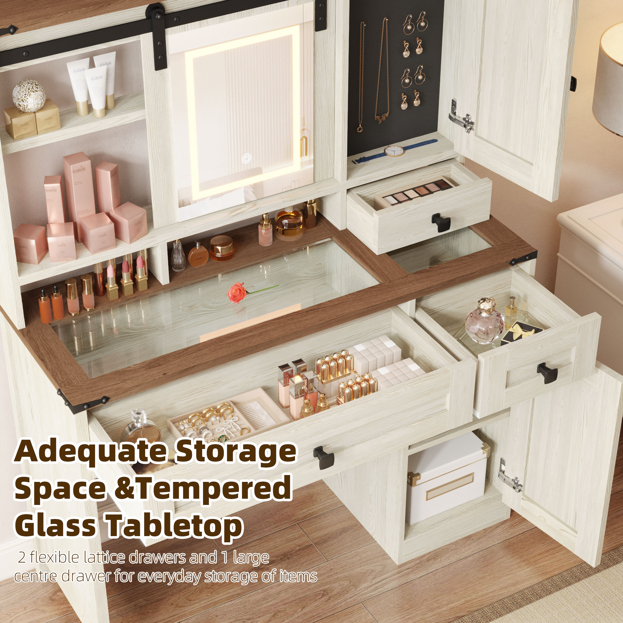 HOMREST  Farmhouse Vanity Desk with Mirror, Lights and Jewelry Storage, Rustic Farmhouse Style