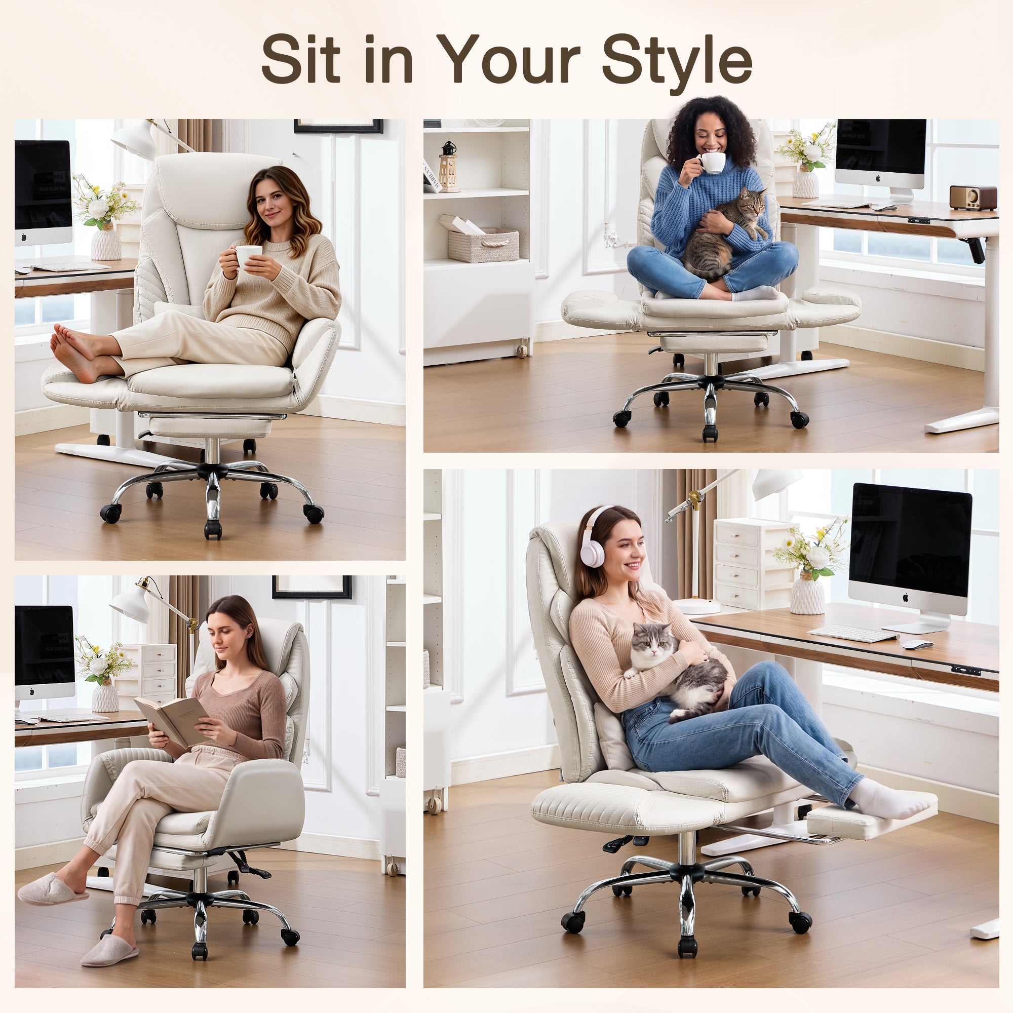 HOMREST Modern Cross Legged Office Chair with Footrest,Leather Ergonomic Executive Chair with Lumbar Pillow, Beige