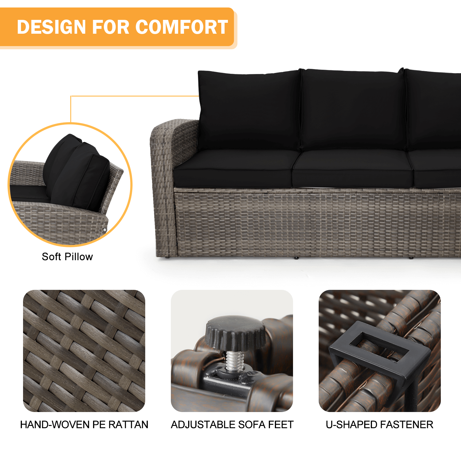 Homrest 6 Pcs Patio Furniture Sets with Coffee Table, Ottomans, Cushions & Pillows, Black
