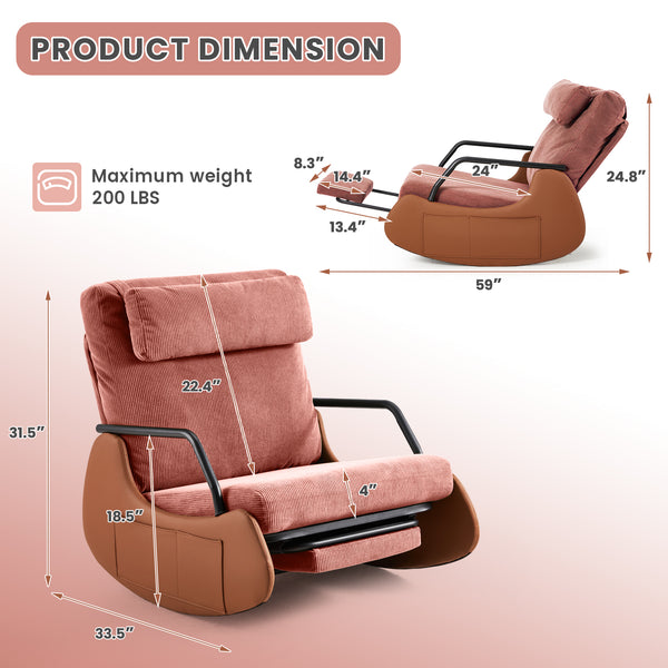 HOMREST Indoor & Outdoor Oversized Rocking Recliner Chair with Side Pockets, Upholstered Plush Seating Glider Rocker with Ajustable High Backrest, Pink