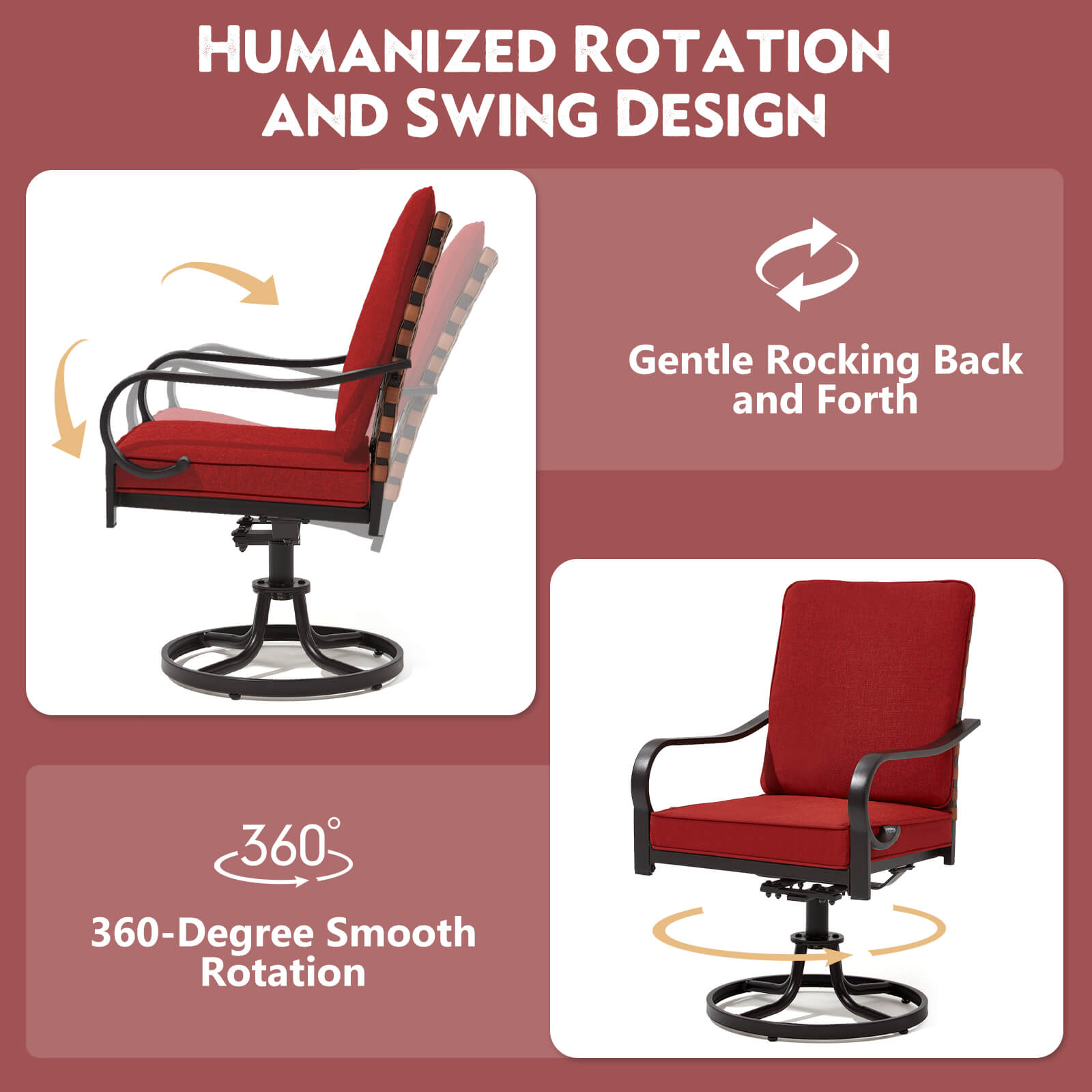 HOMREST Swivel Patio Chairs Set of 2 with Thickened Cushions, Red