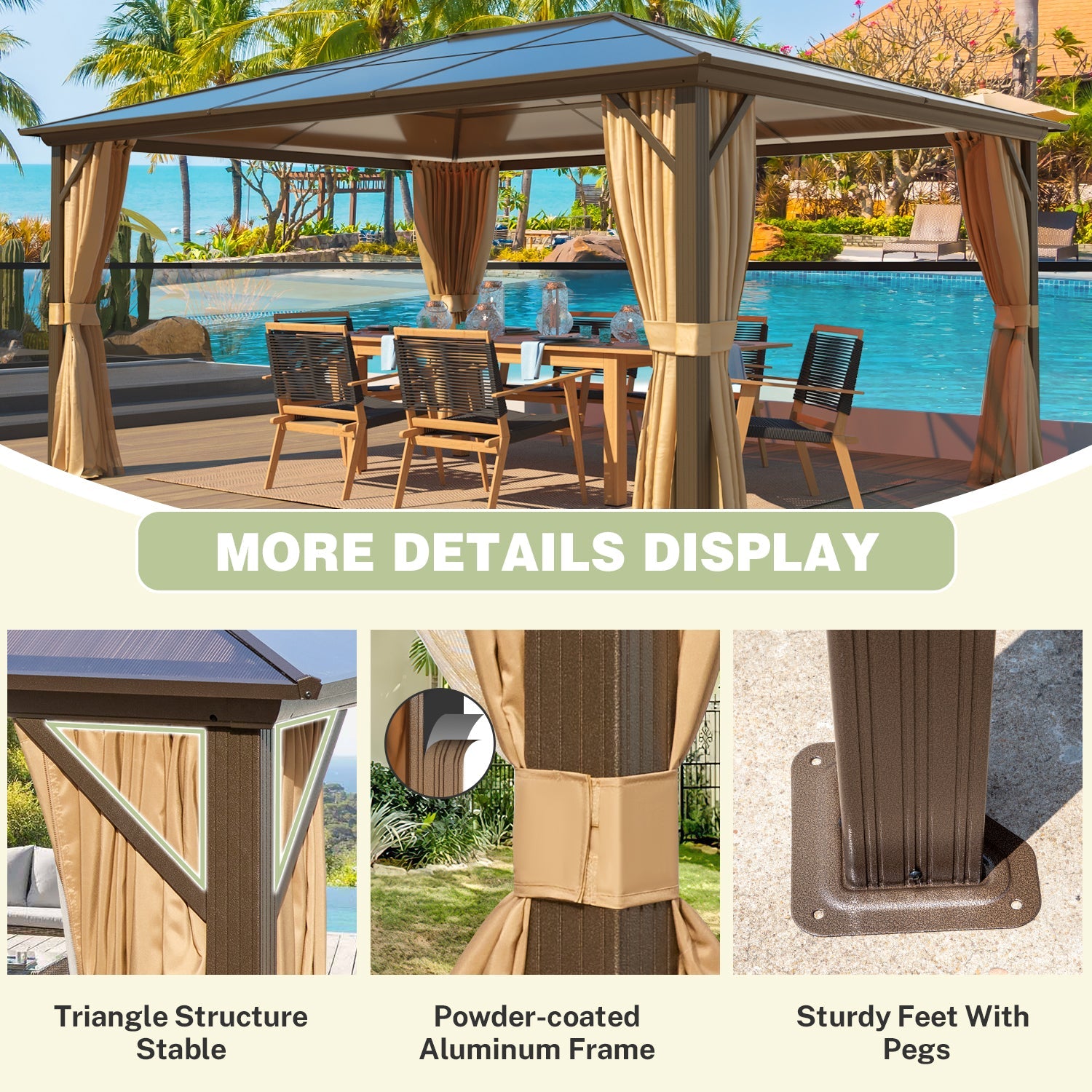 Homrest 12' x 16'  Hardtop Gazebo, Outdoor Polycarbonate Roof Canopy, Aluminum Frame Permanent Pavilion