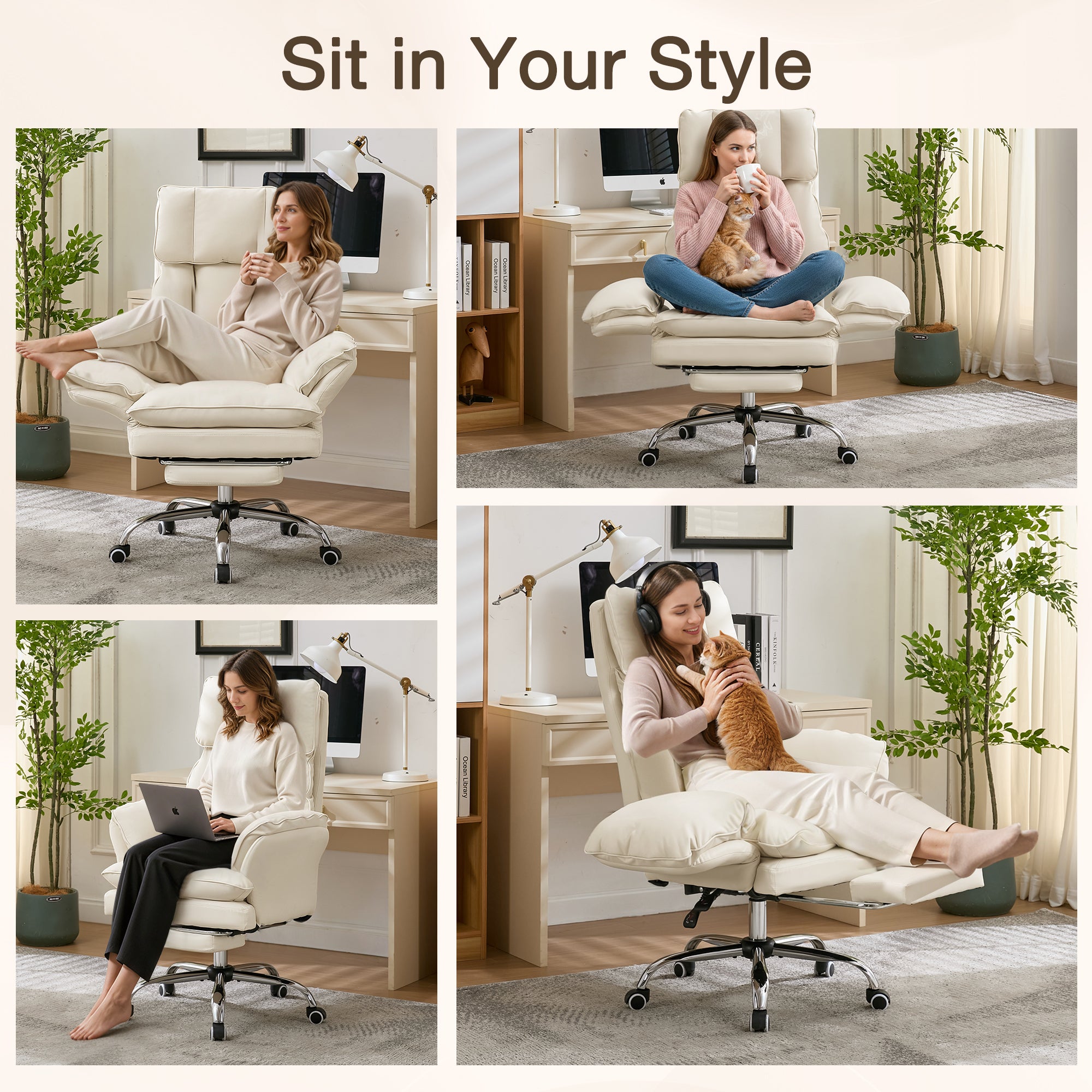 HOMREST Cloud Cross Legged Office Chair with Footrest,Leather Big and Tall Executive Ergonomic Chair,155° Reclining Computer Wide Desk Chair, Beige