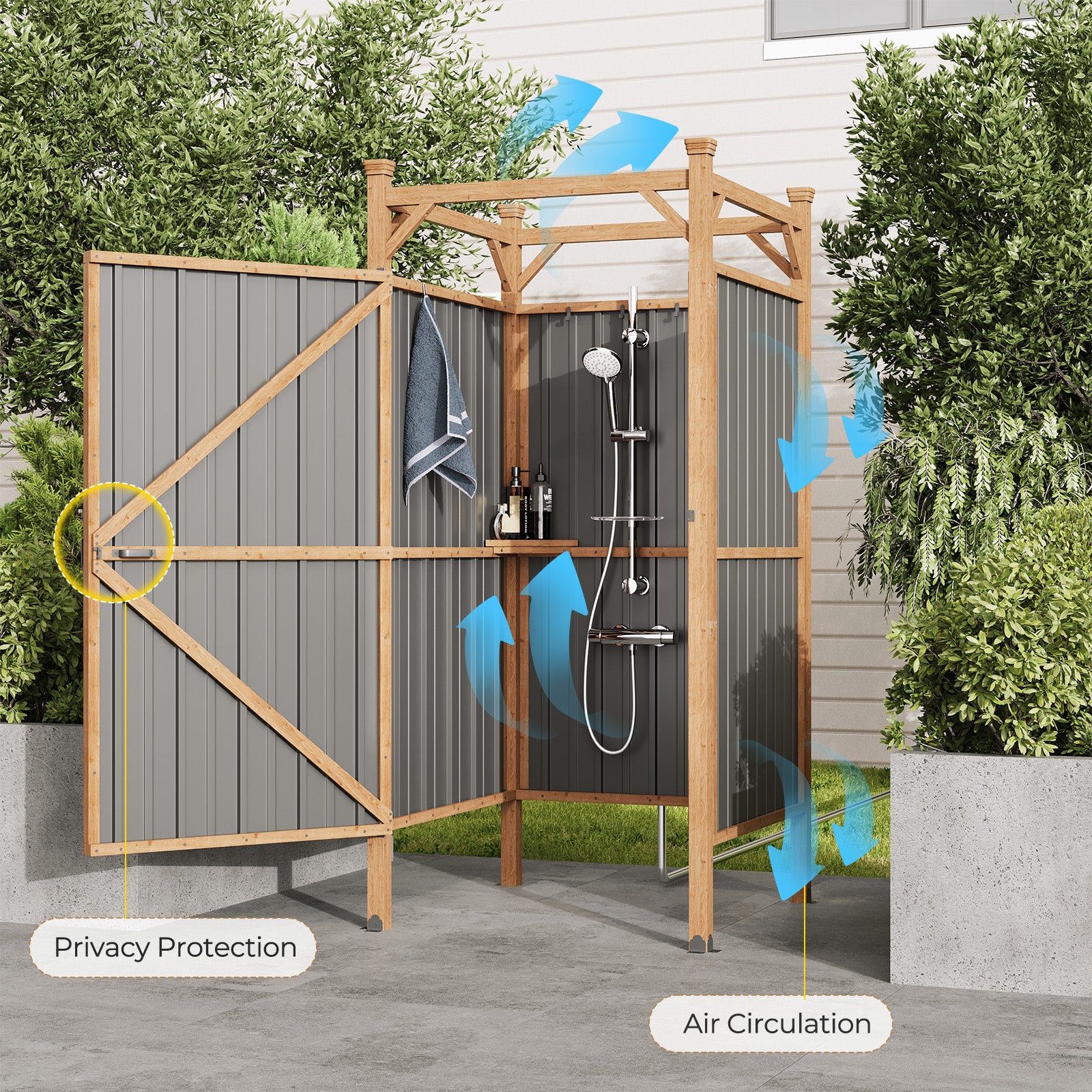HOMREST Outdoor Shower Enclosure with Lockable Door, Weatherproof Outdoor Shower Stall with Metal Panels, Hooks & Shelves - Perfect for Pool Wash Station, Backyard & Beach Rinse Area Small Version