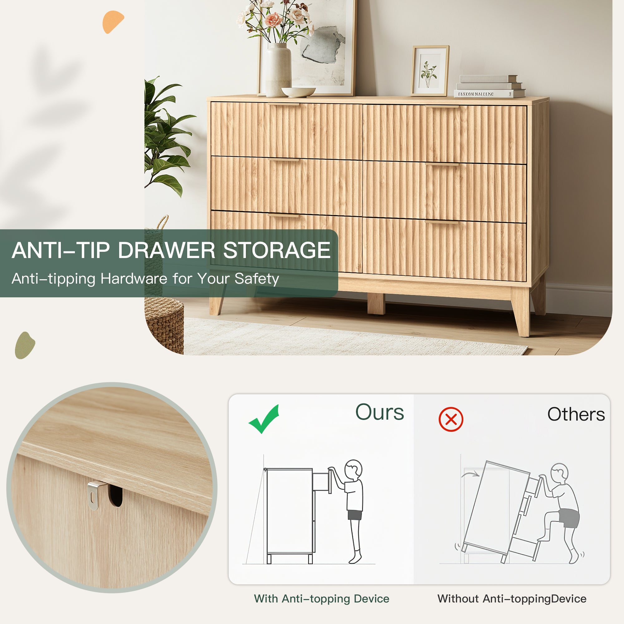 HOMREST Fluted Dresser for Bedroom, 6 Drawer Modern Dresser, Wide Modern Chest of Drawers with Metal Handle, Mid Century Modern Dresser, Natural Wood