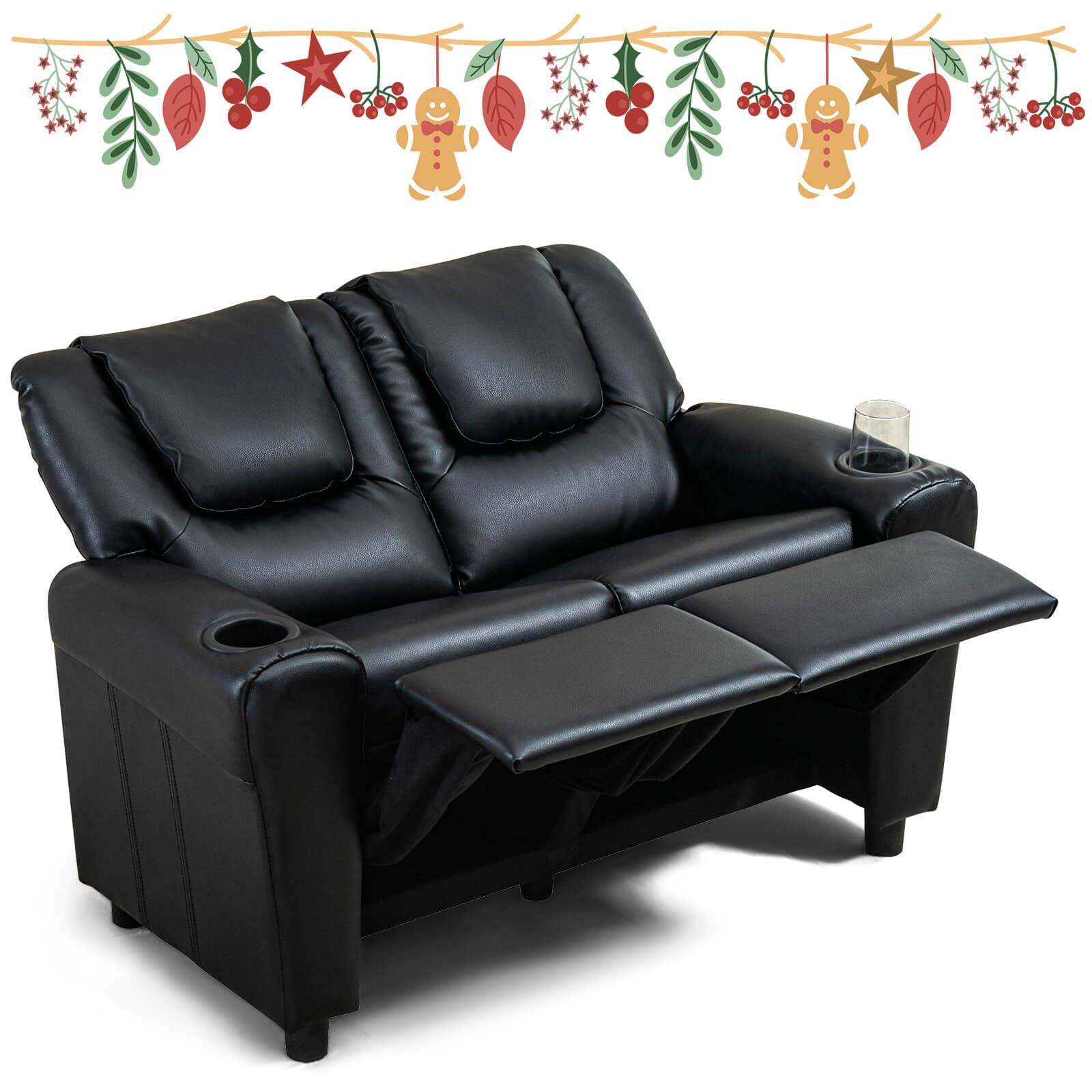 HOMREST Kids Recliner Chair, Double Kids Sofa Chair w/Cup Holder PU Leather, Toddler Loveseat Couch w/Adjustable Footrest & Headres for Boys Girls 3+ Age Group, Classic Black