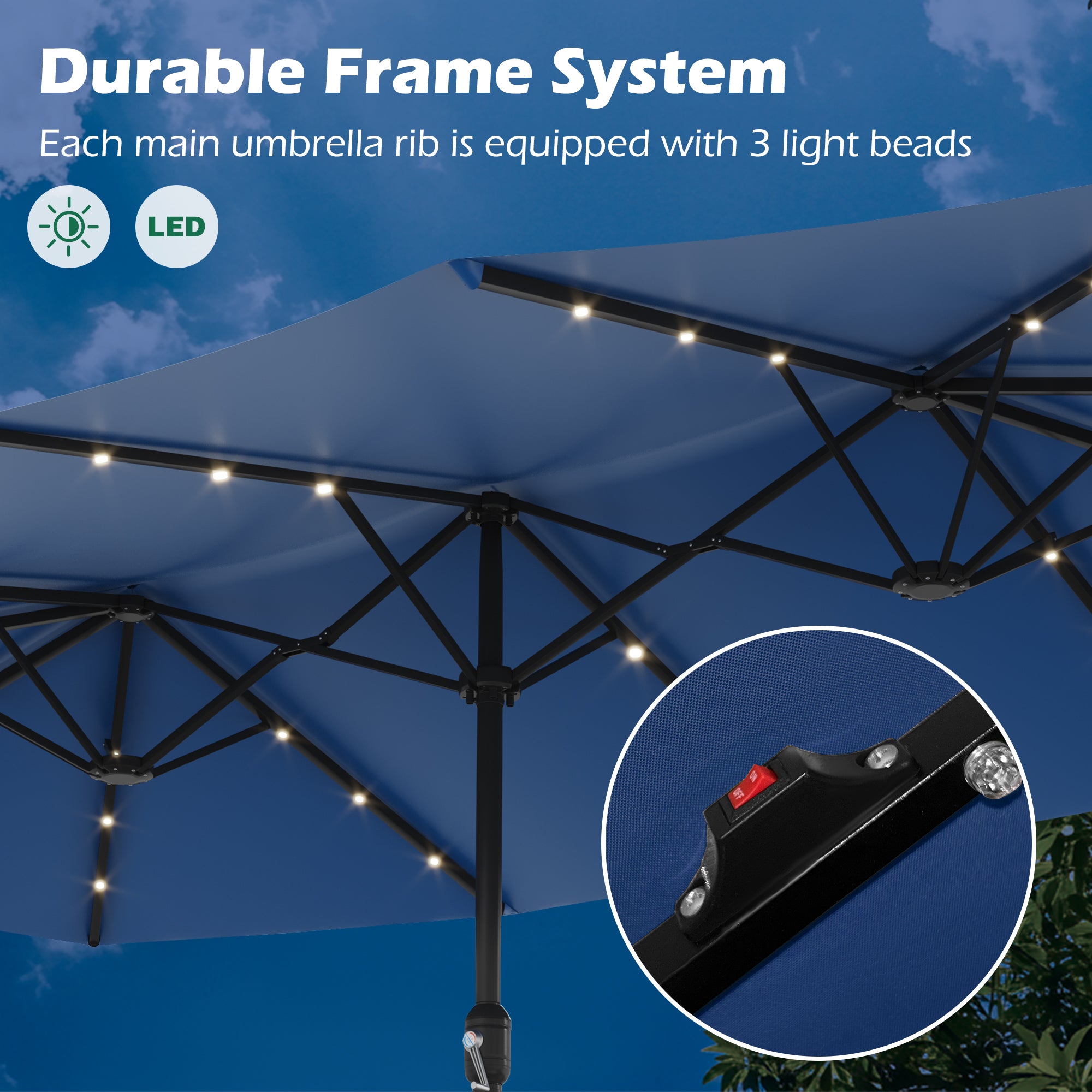 HOMREST 15ft Large Double-Sided Patio Umbrella with Solar LED Lights, Outdoor Crank System, and Base – Perfect for Garden, Deck, Poolside, Navy