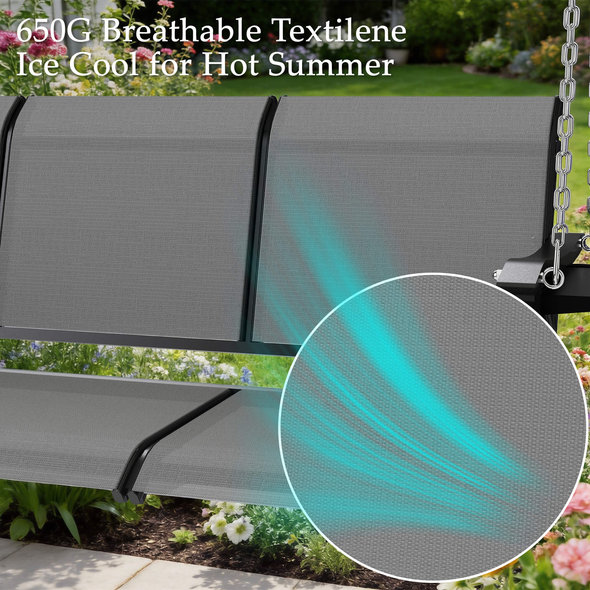 HOMREST Textilene 3 Seat Porch Swing with Cup Holder, 5.3FT Patio Hanging Swing Bench with with Hanging Chains, 700 LBS Capacity, Gray