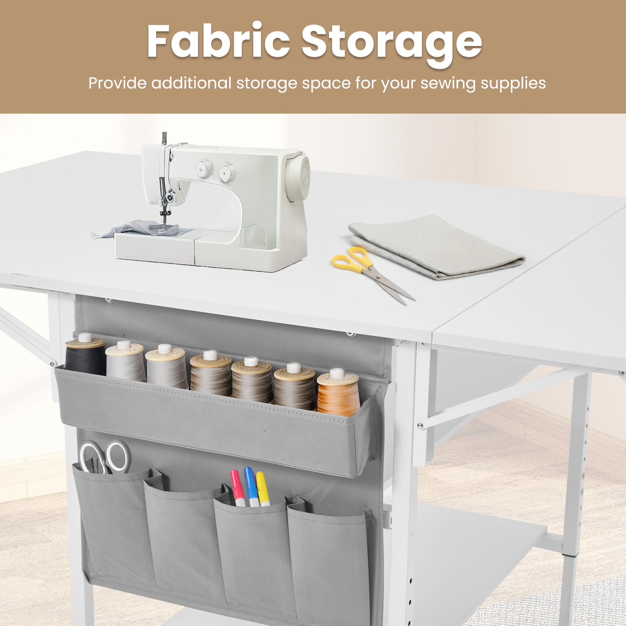 HOMREST Height Adjustable Craft Table with Storage Shelves, Mobile Folding Cutting Table for Large Fabric, Foldable Sewing Desk for Home Office Sewing Room Craft Room