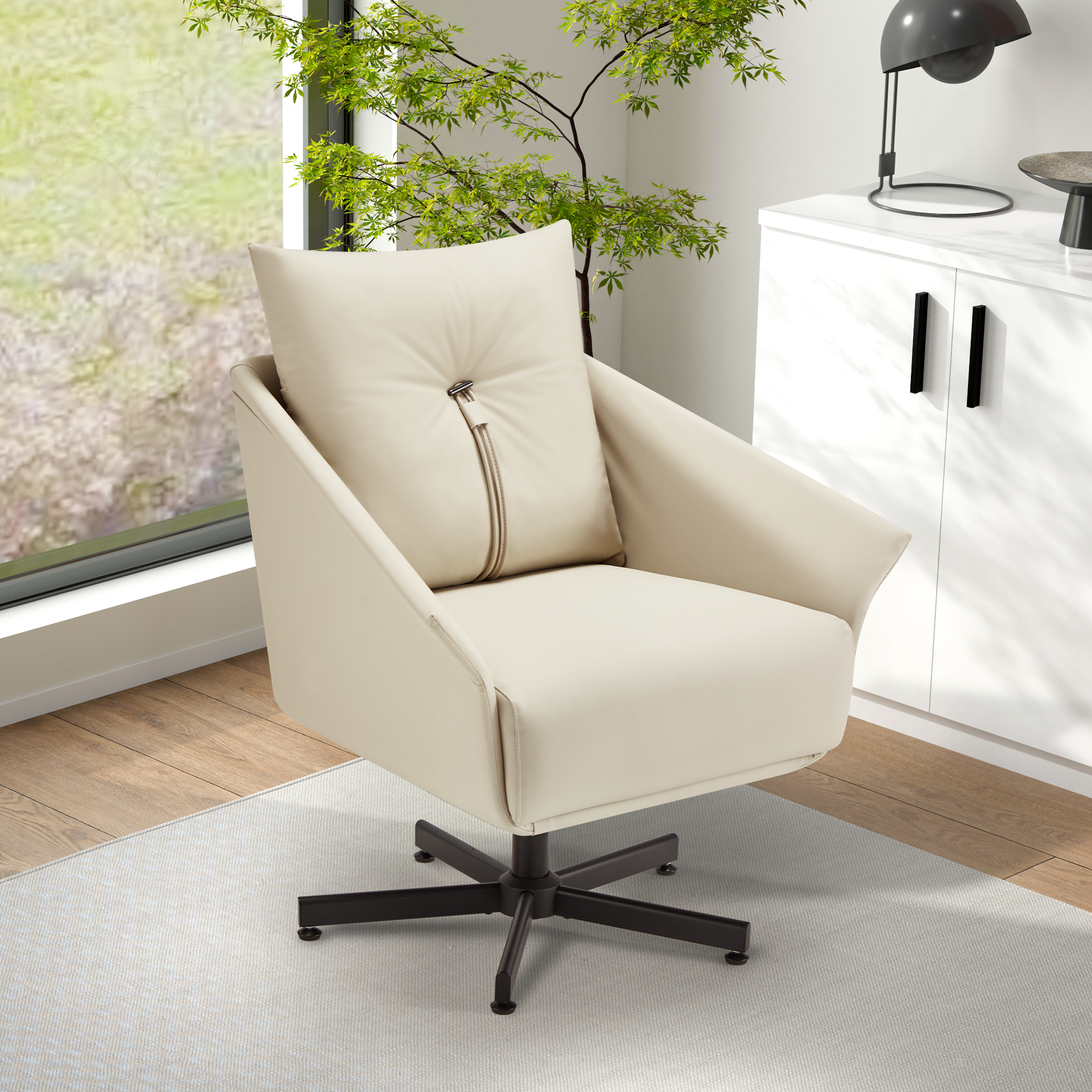 Swivel Lazy Chair, Home Desk Chair with Soft Faux Leather Pillow for Living Room, Beige