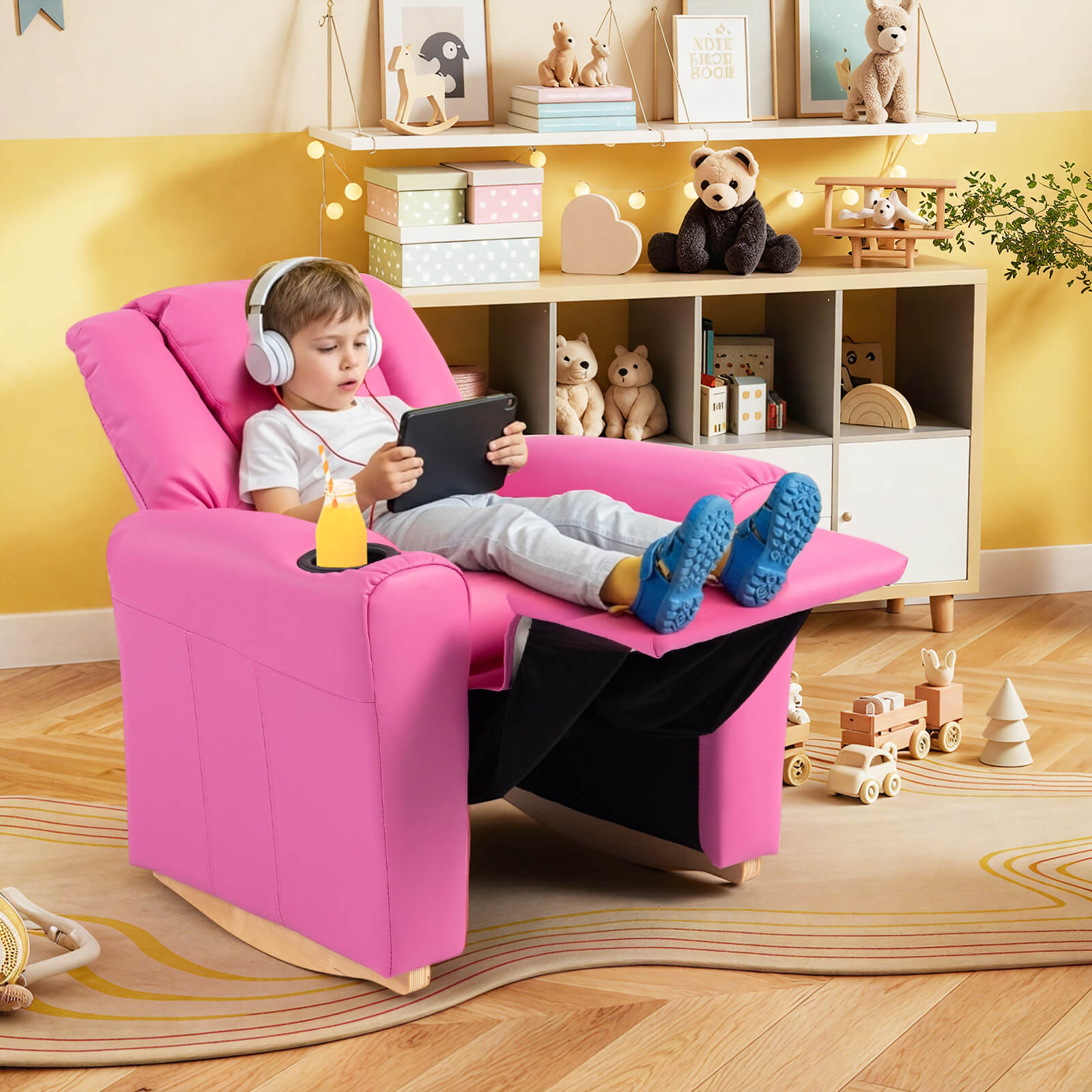 HOMREST Kids Recliner Chair with Cup Holder, Leather Toddler Recliner with Adjustable Backrest, Curved Rocking Legs and Comfy Armrests, Pink