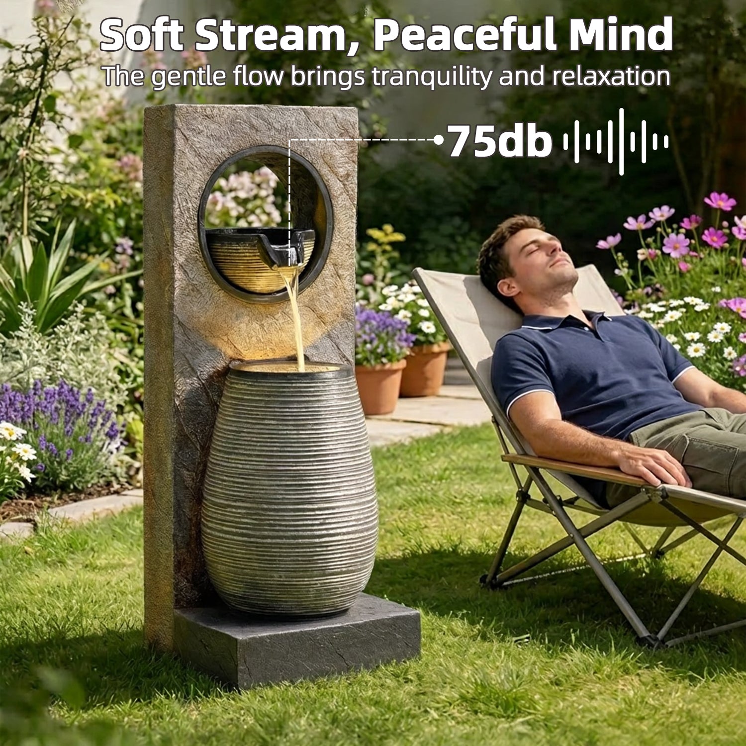 HOMREST 39.7" Water Fountain Outdoor with LED Lights – Resin Garden Fountain for Patio, Poolside, Deck & Indoor Use – Calming Flowing Water Sound for Relaxation – Easy Assembly