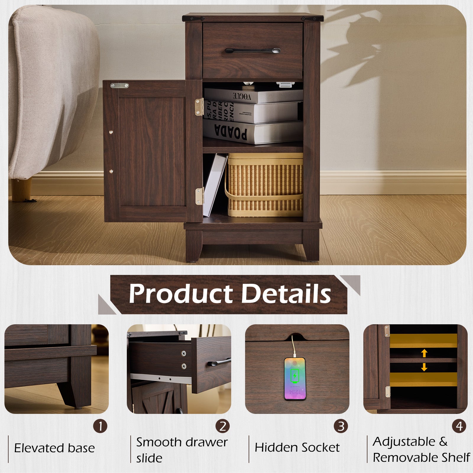 HOMREST Farmhouse End Table with Charging Station, Narrow Side Table for Living Room, Nightstand with Drawer and Storage Cabinet, Choco