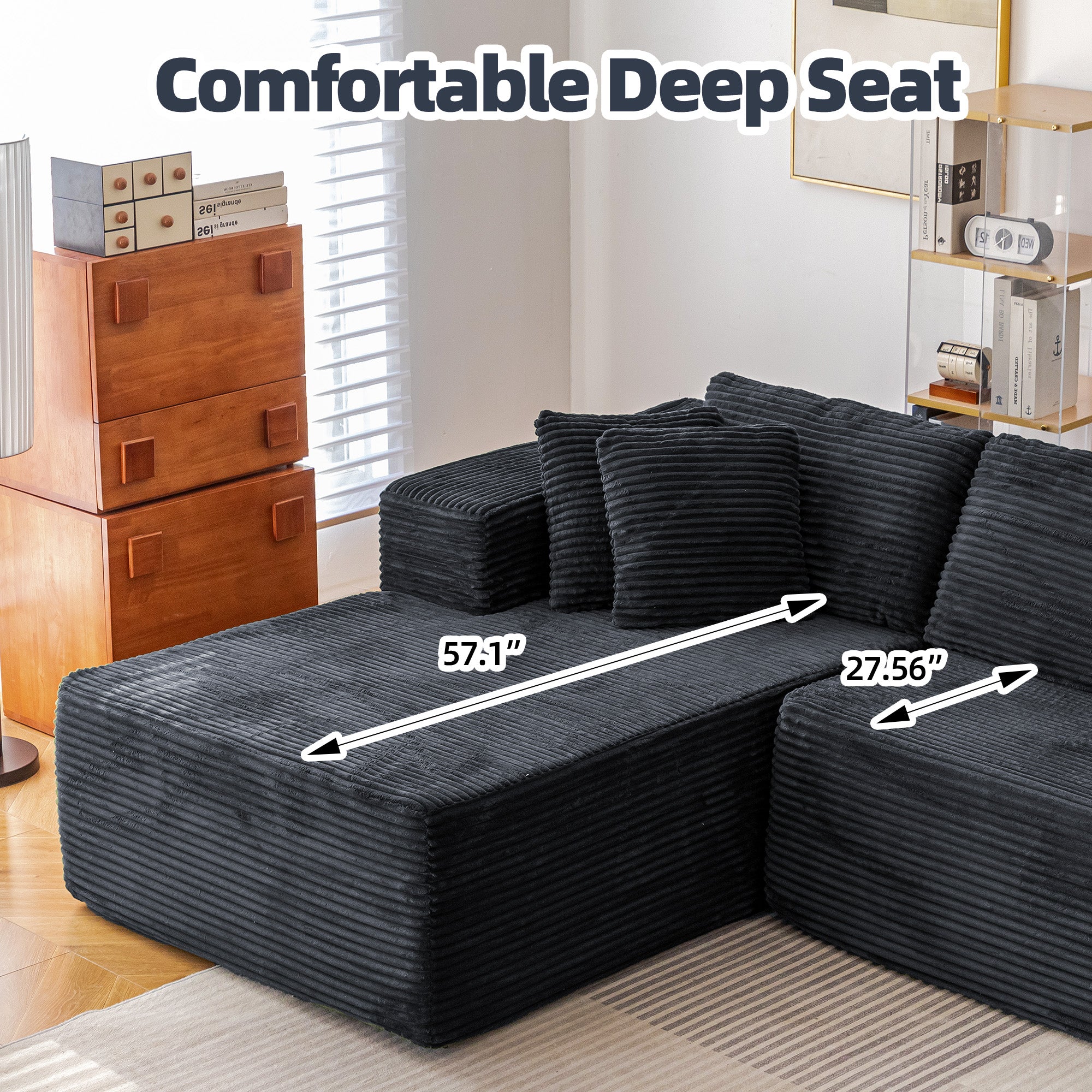 HOMREST 106 inch Cloud Sectional Couch with Chaise Lounge for Living Room Bedroom Apartment, Corduroy Fabric, Black