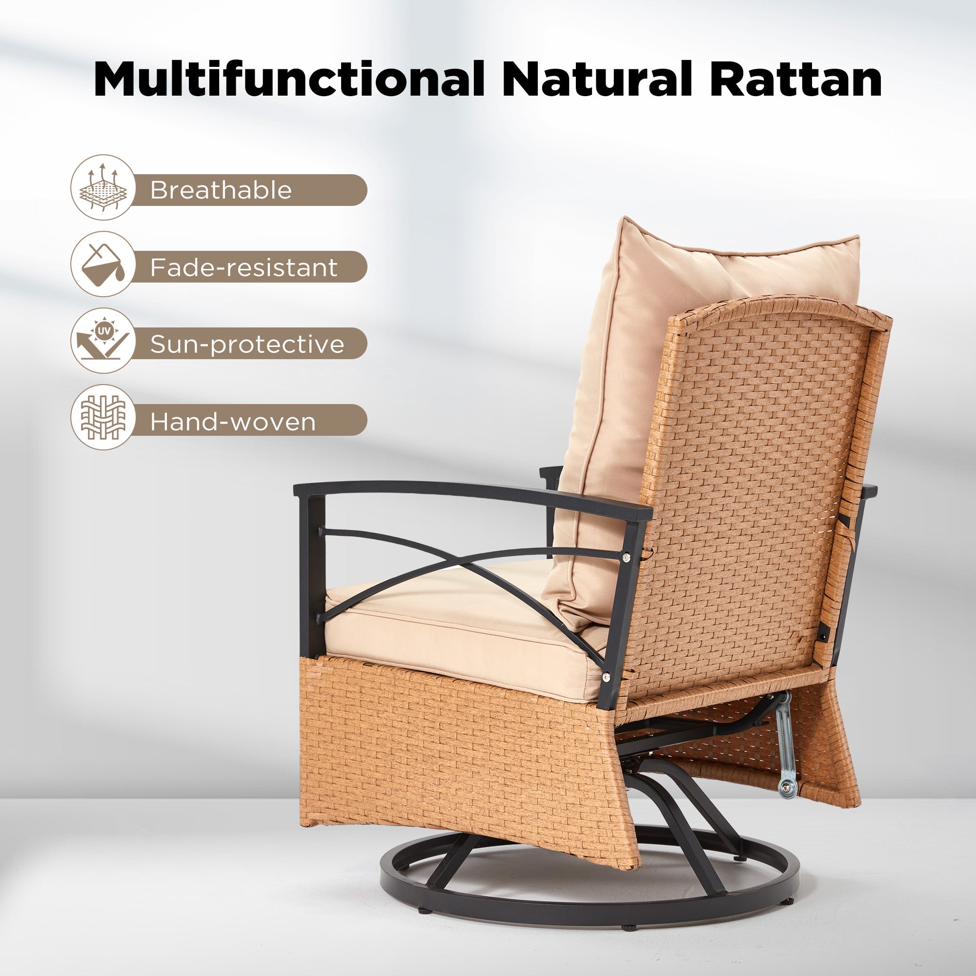 HOMREST 3-Piece Patio Swivel Rocker Set with Rattan Coffee Table, Beige