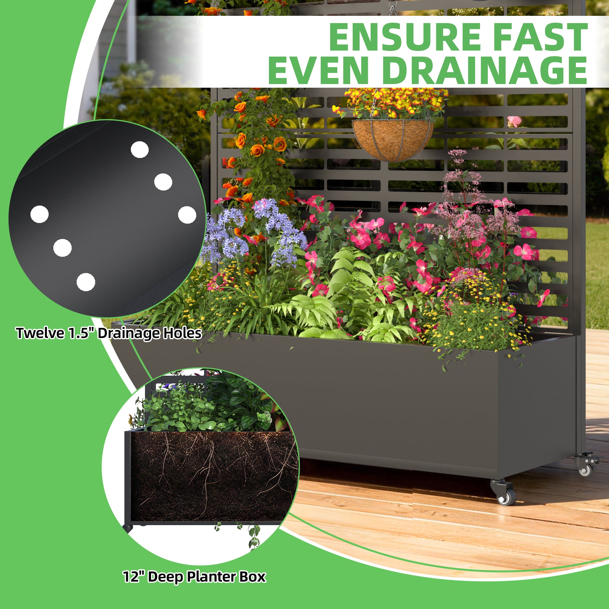 HOMREST Metal Planter Box with Trellis, 73"x 47"x 16" Raised Garden Bed with Wheels and Drainage Holes, Planter with Trellis for Garden, Balcony and Patio, Black