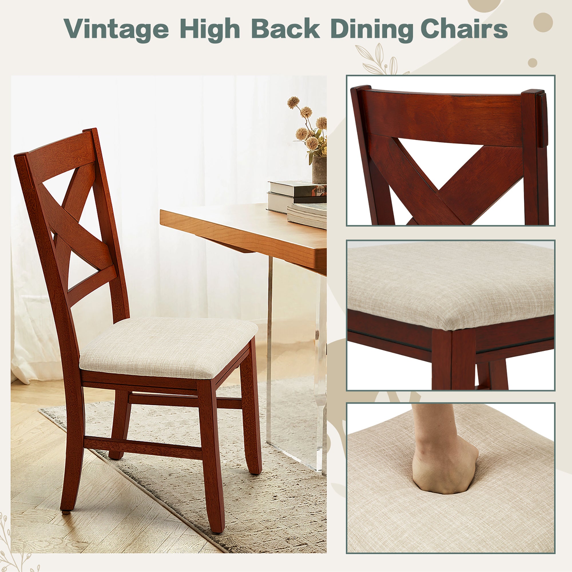 Rustic Farmhouse 19" Upholstered Barstool, Solid Wood Dining Chairs Set of 2 for Kitchen and Dining Room, Walnut