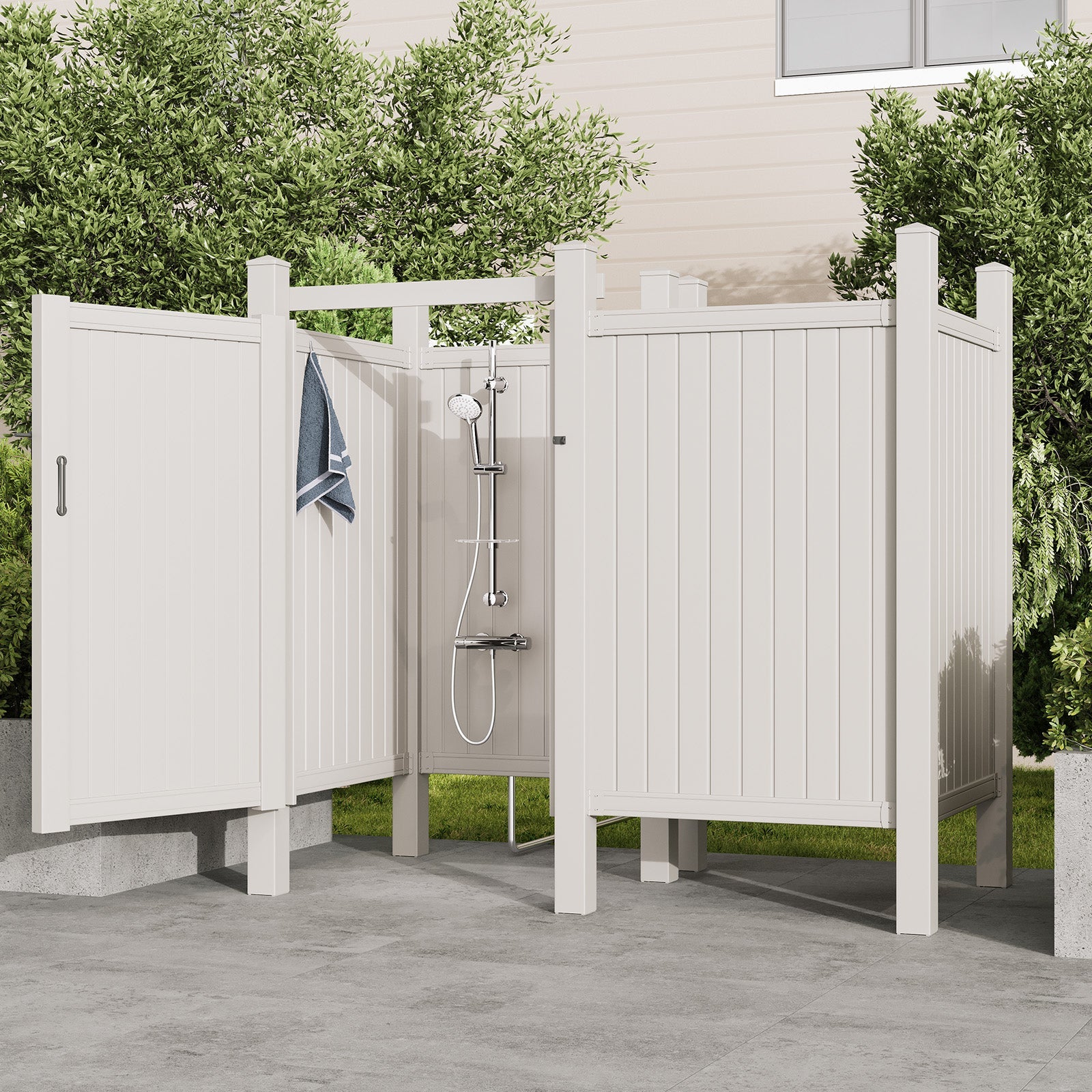 HOMREST 80"H x 80.75"W x 45.75"L White PVC Outdoor Shower Enclosure with Door, Weatherproof Privacy Stall for Pool & Beach, Durable Vinyl Construction(Flat-panel with changing room)