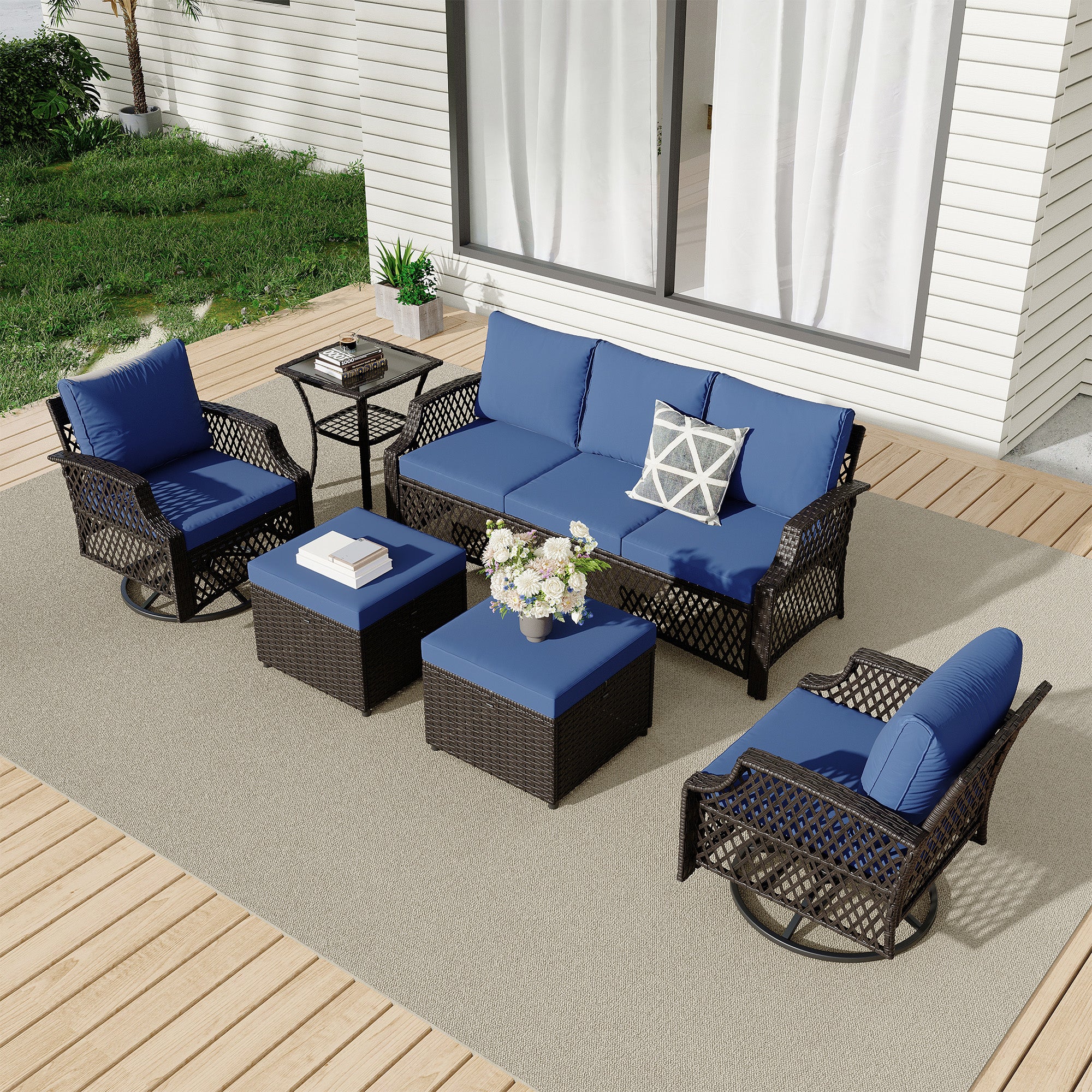 HOMREST 6 Piece Patio Furniture Set, Rattan Outdoor Sectional for Deck Backyard Porch (Navy Blue)